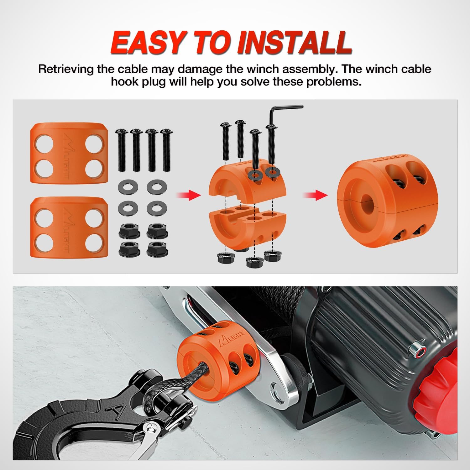 Nilight Winch Stopper for ATV UTV Truck SUV Winch Cable Hook Rubber Stopper Protect Towing Hook Synthetic Rope winch accessories Rope Line Saver with Stainless Steel Screws and Nuts Allen Wrenc,Orange