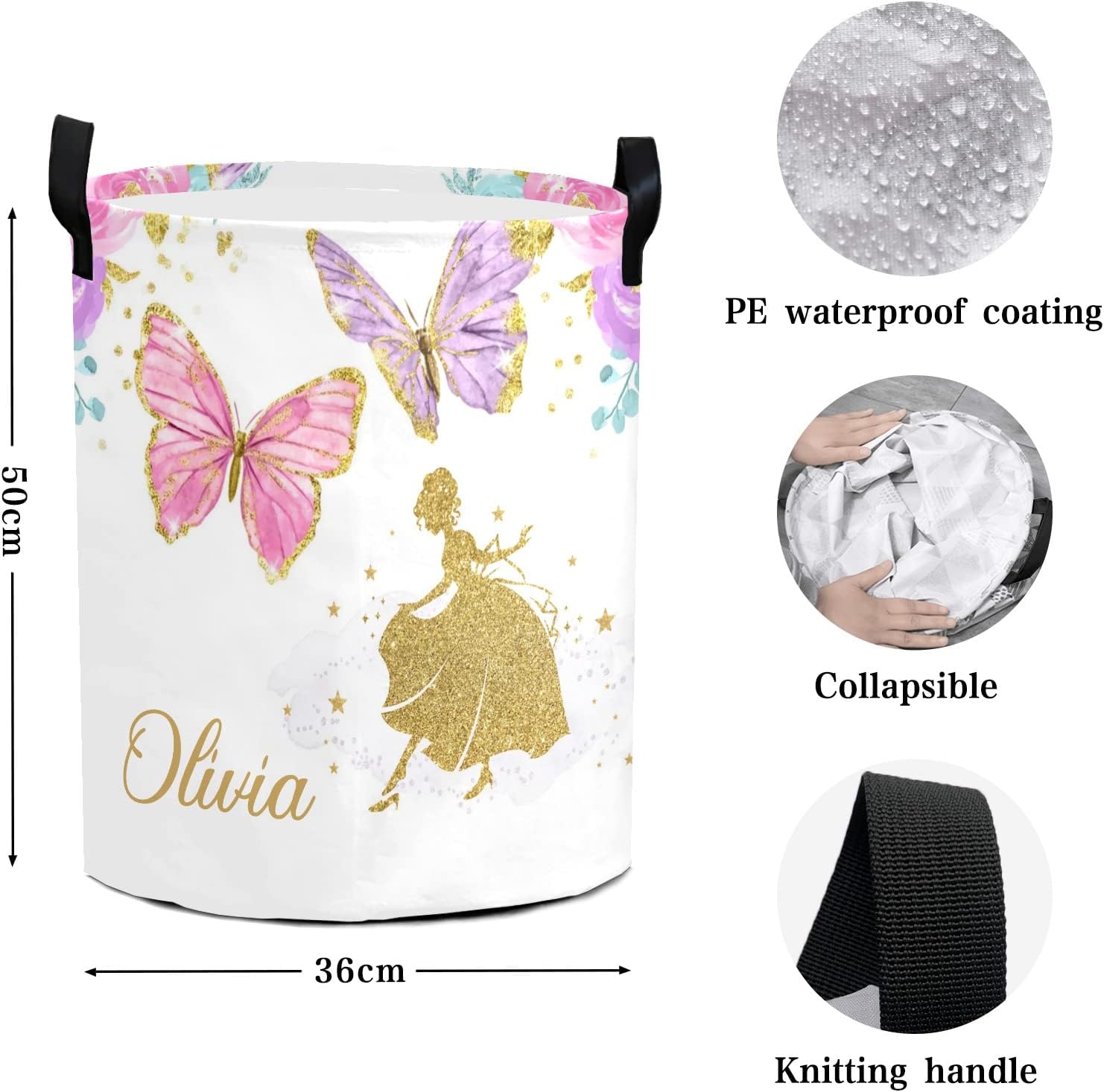 Fairy Butterfly Personalized Laundry Basket Clothes Hamper with Handles Waterproof,Collapsible Laundry Storage Baskets for Bathroom,Bedroom Decorative