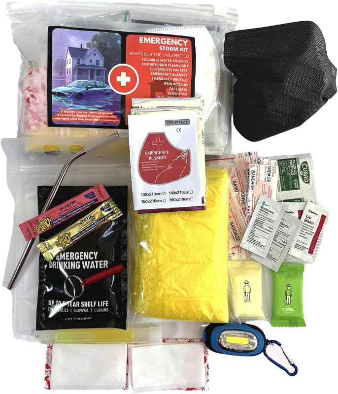 Kit de supervivencia para tormentas de emergencia: 15 elementos esenciales (31 piezas en total) Suministros de preparación para huracanes, cortes de energía y desastres con agua, electrolitos, primeros auxilios, linterna y manta