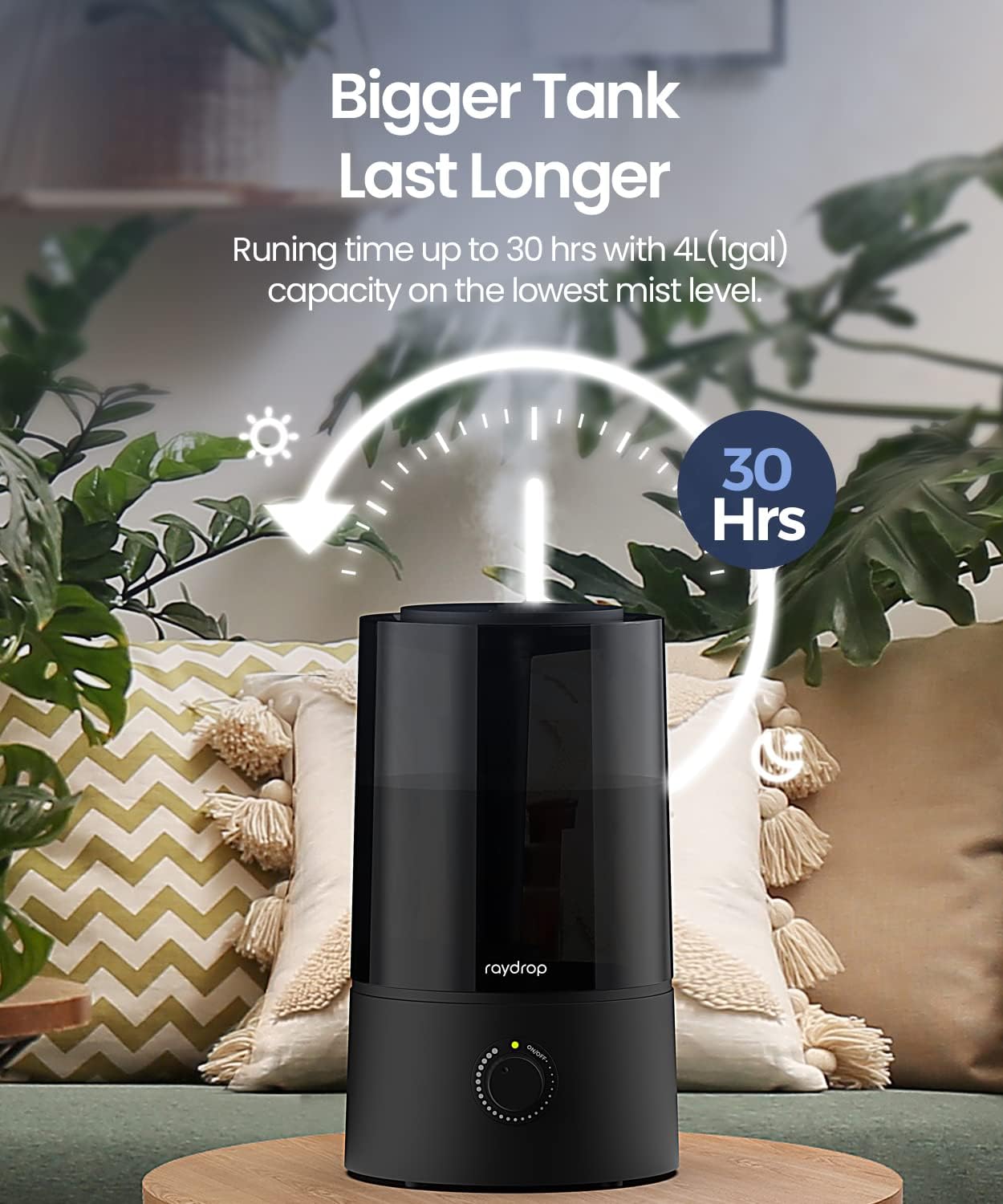 raydrop Humidificadores para dormitorio, humidificadores para el hogar y habitación grande, humidificadores de niebla fría para bebés y plantas, nivel de niebla ajustable, apagado automático, negro