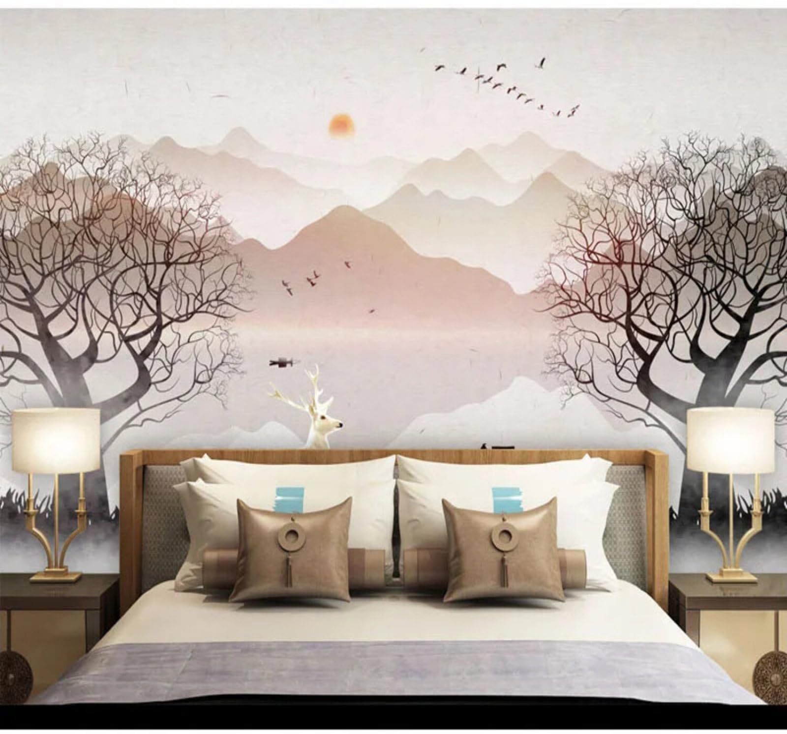 Hand Drawn Landscape Sunrise Trees Reindeer Scenery 3D Wallpaper Easy Install Feature Office Living Room Sofa Bedroom TV Background Wall Decoration-200cm×140cm