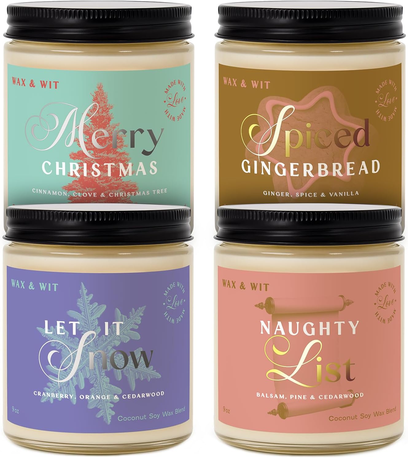 Wax & Wit Christmas Candles Gift Set Scented, Winter Holiday Set of 4 Pack Candle - Natural Coconut Soy Candles, 180+ Hr Burn, Vegan, Clean Burning - Candle Set Gifts for Women, Coworker, Friends