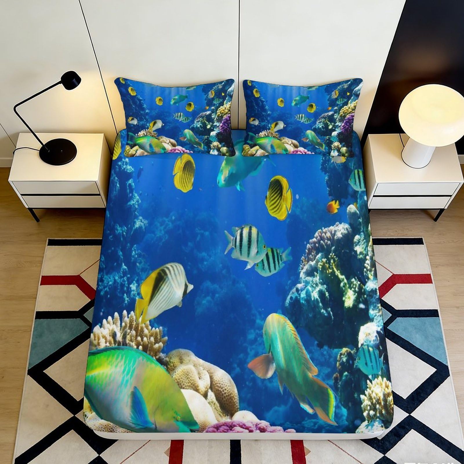 3D Printed Ocean Fitted Sheet Microfiber Deep Pocket Bedroom Bedding Fish Mattress Fitted Cover Non-Slip Washable 200x200x25cm 90x200x25cm