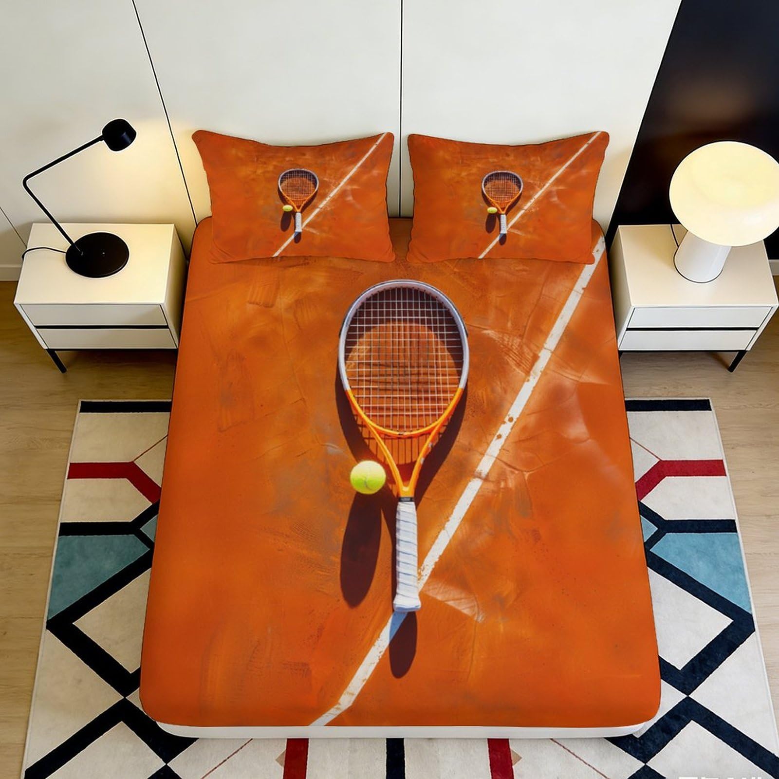 3D Printed tennis racket Fitted Sheet, orange court decor, soft touch Microfiber, wrinkle resistant, home bedroom, apartment bedding, anti-slip 90x200x25cm