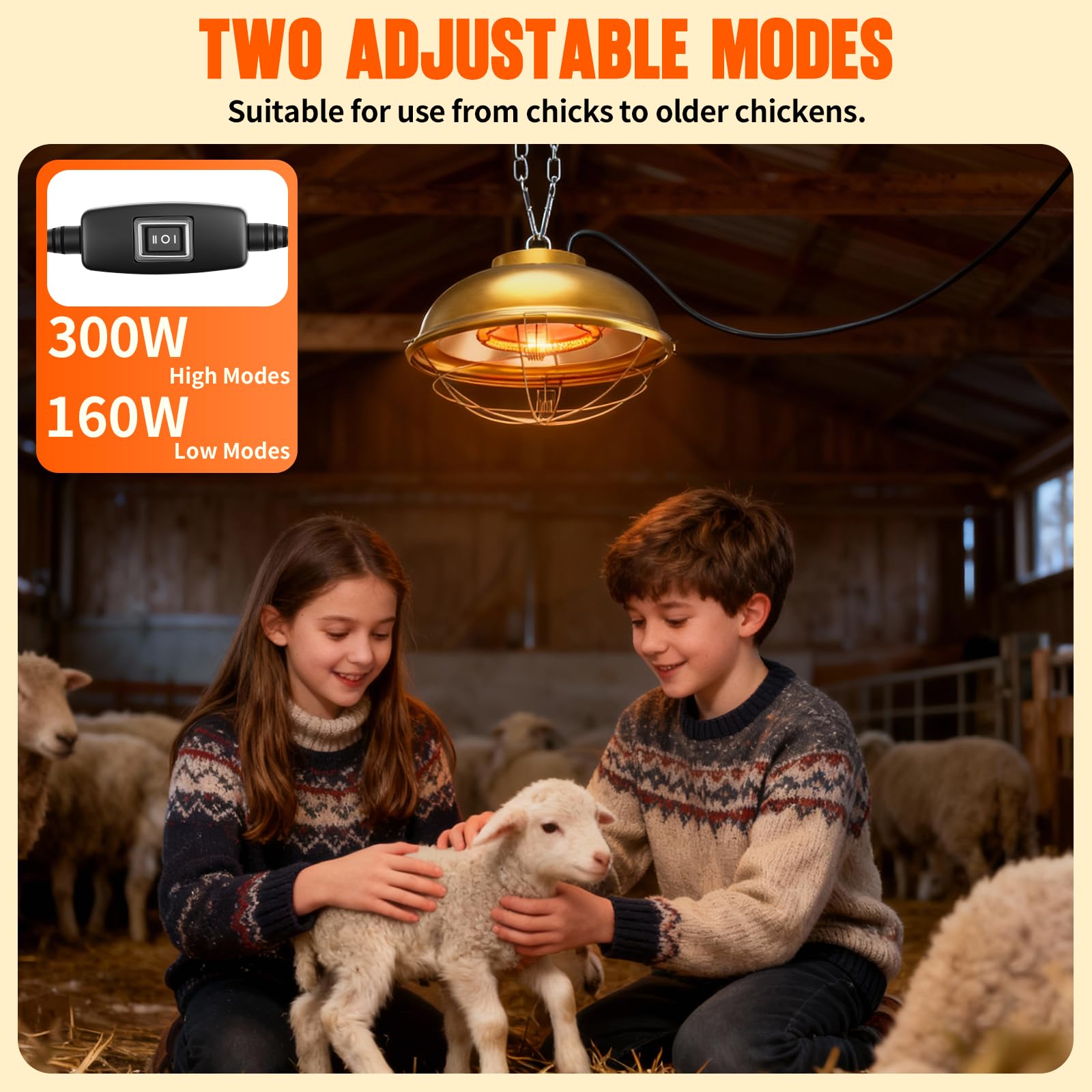 Lampa grzewcza 300 W do kurników – wodoodporny podgrzewacz do kurników do użytku wewnątrz i na zewnątrz – nadaje się dla kurczaków, kaczek, królików i zwierząt domowych