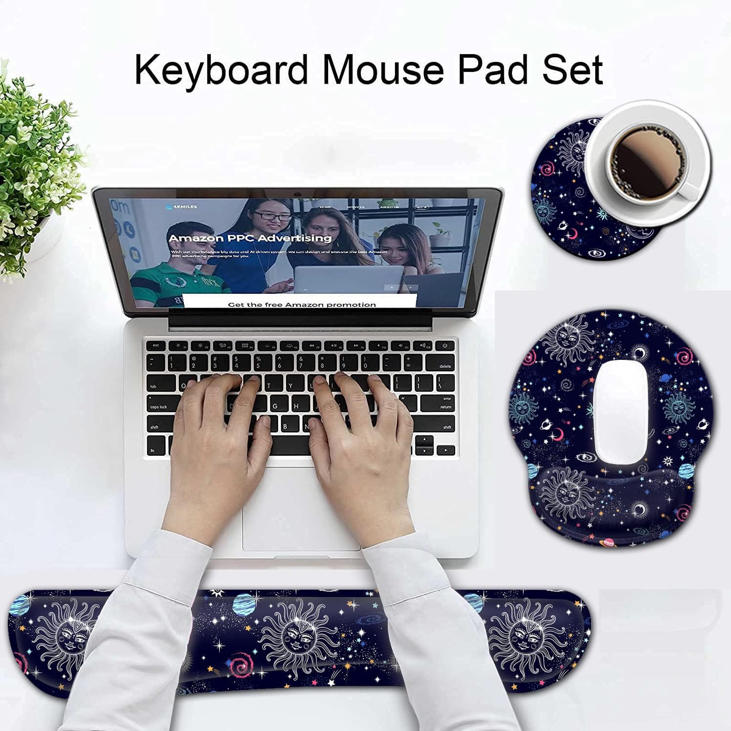 Ergonomic Mouse Pad Gel Wrist Support and Memory Foam Keyboard Wrist Rest Set, for Gaming Computer Office Laptop Easy Typing Wireless Mouse Mat,Galaxy Constellation Sun Moon Cosmic Office Desk Pad