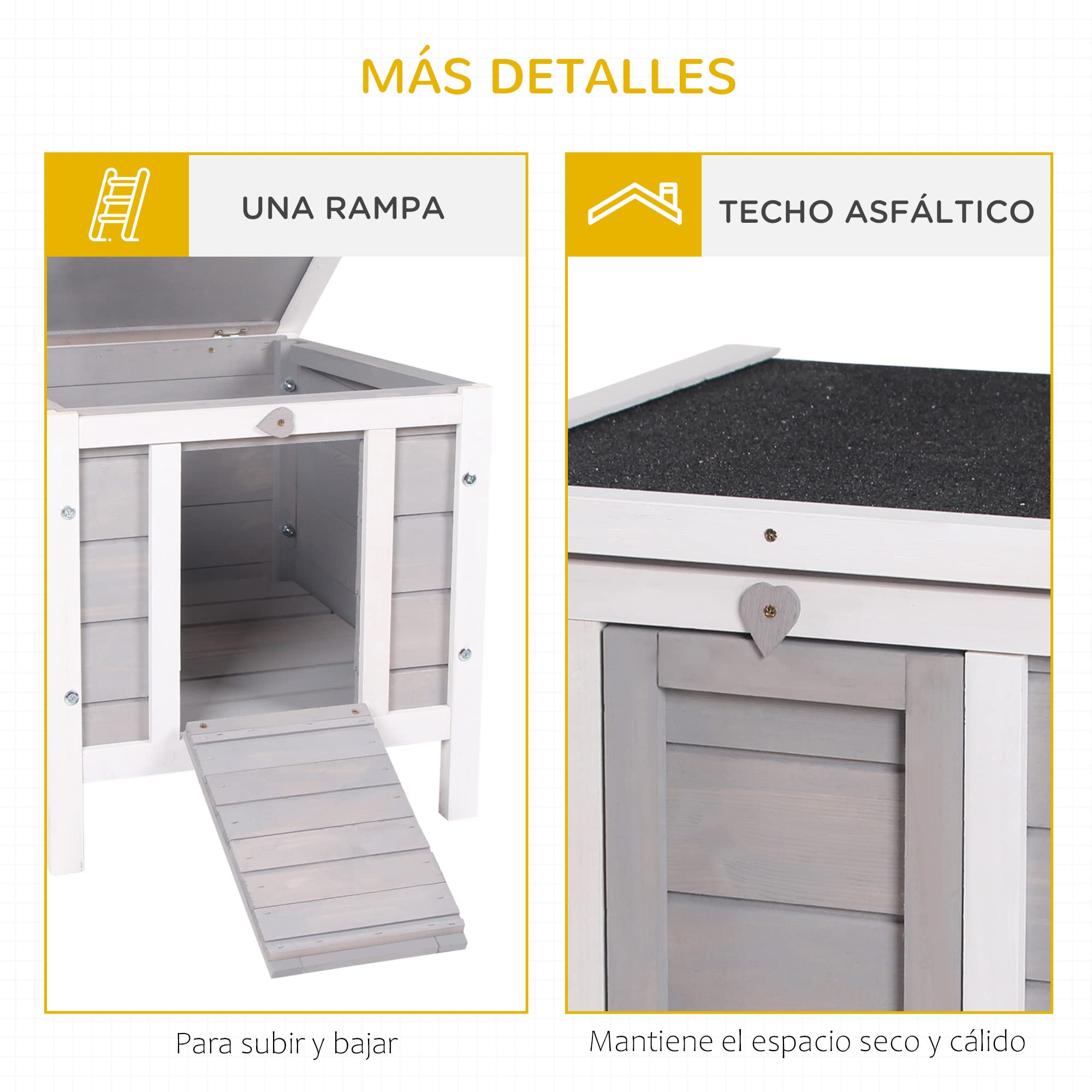 PawHut Conejera de Madera Exterior Jaula Caseta para Roedores Mascotas Pequeñas con Techo Asfáltico Se Puede Abrir y Rampa Antideslizante 42x51x43 cm Gris