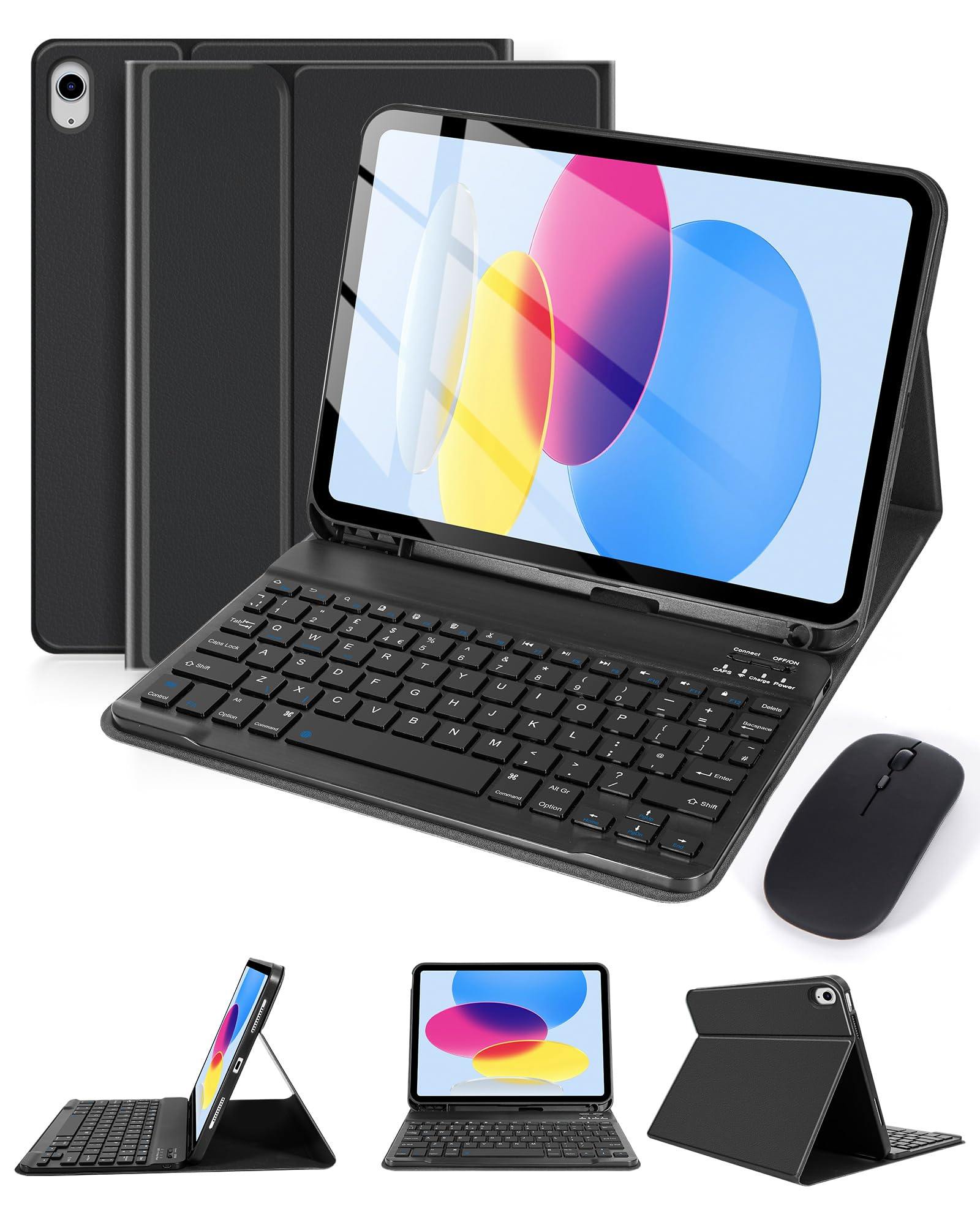 Bluetooth Keyboard Case with Mouse for iPad A16 11th Generation 2025/10th Generation 2022 10.9 inch, Detachable Folio Keyboard Cover with Pencil Holder for iPad 11/10 Gen, UK Layout, Black