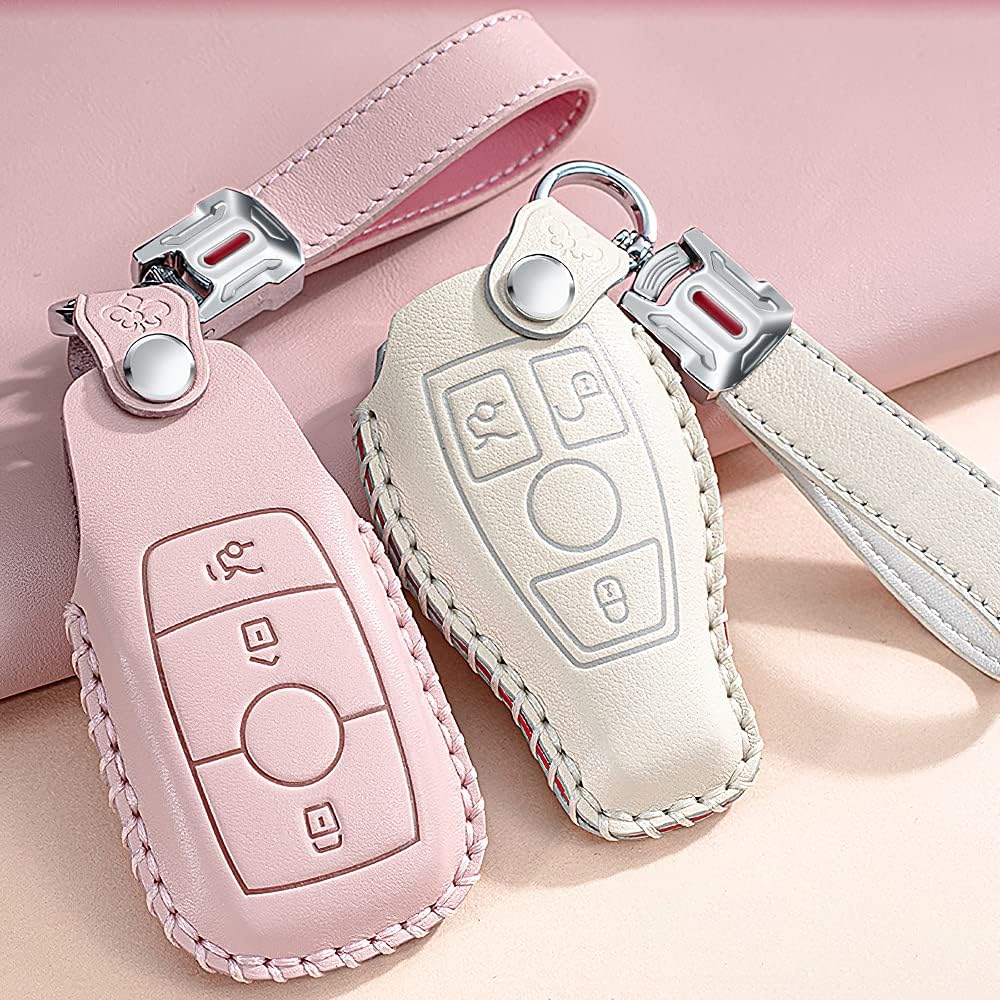 HIBEYO 2022 Luxury Leather Key Fob Cover for Mercedes Benz C E S M CLS CLK G Class Car Key Case Holder with Keychains Accessories for Benz Smart Auto Key 2 Buttons-White