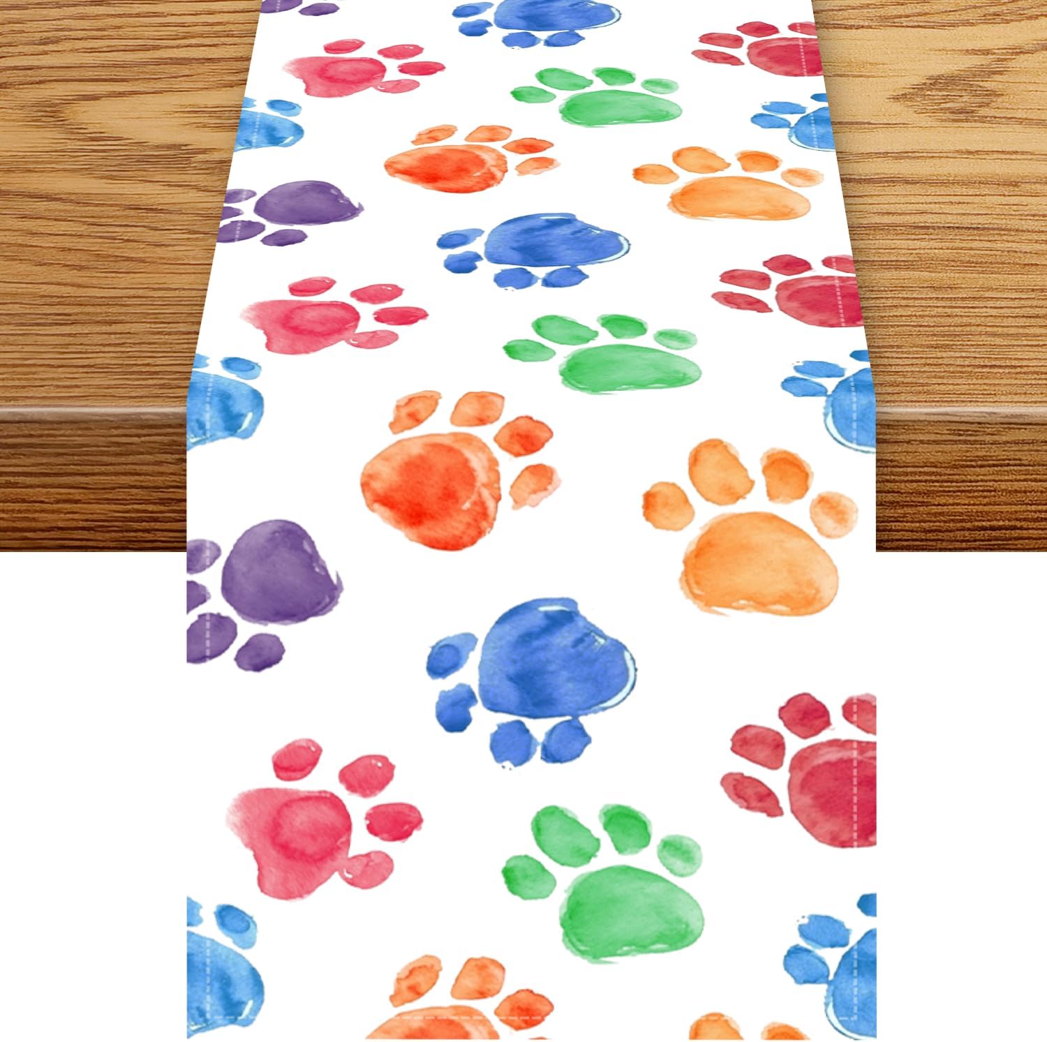 Watercolor Paw Print Table Runner, Rustic Colorful Dog Puppy Footprints Cute Retro Coffee Table Center Decor for Family Kitchen Farmhouse Holiday Birthday Party Table Decorations, 13"x36"