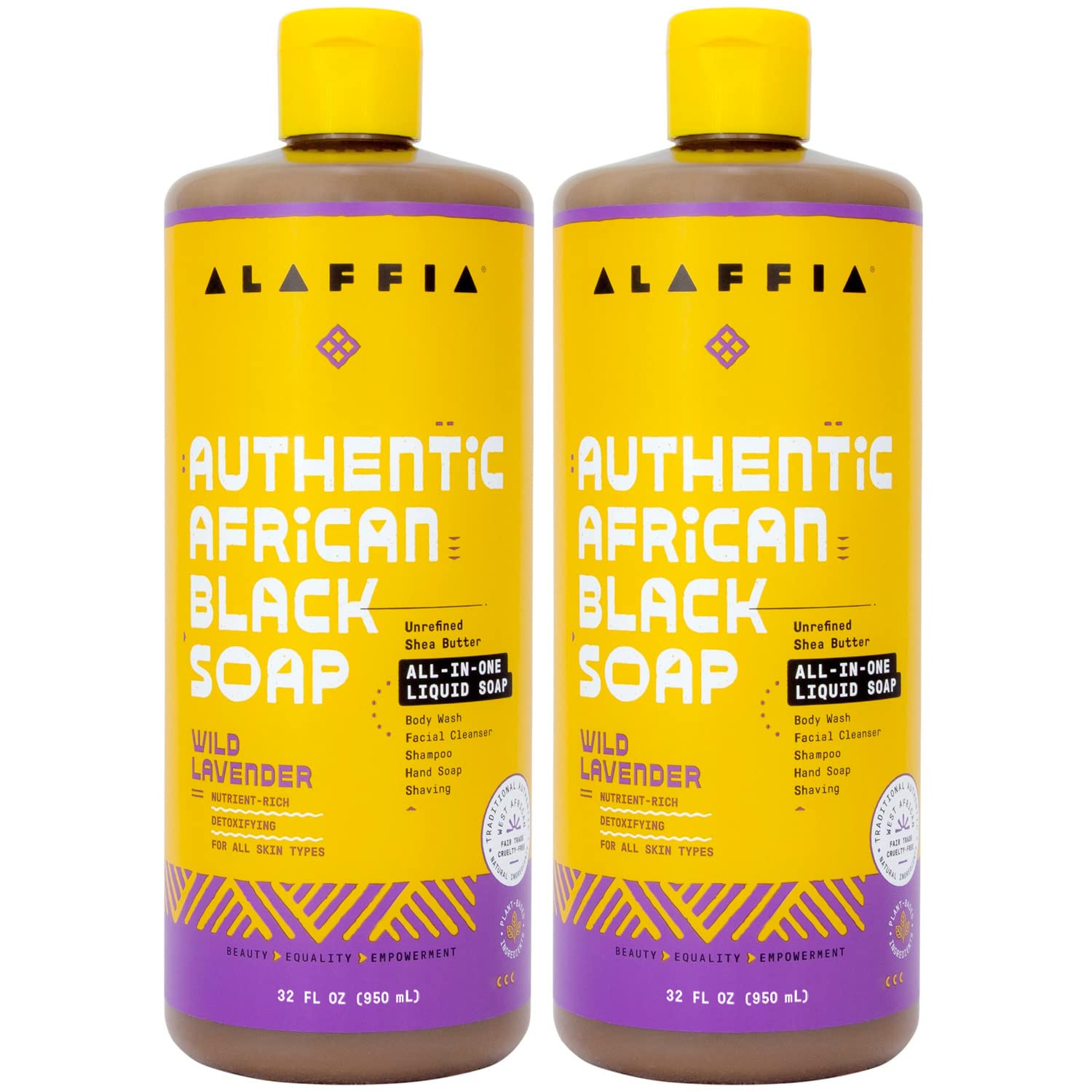 AlaffiaAuthentic African Black Soap, Wild Lavender, 2-Pack – All-in-One Moisturizing Cleanser for Face, Hands, Body & Hair, 32 Oz Ea