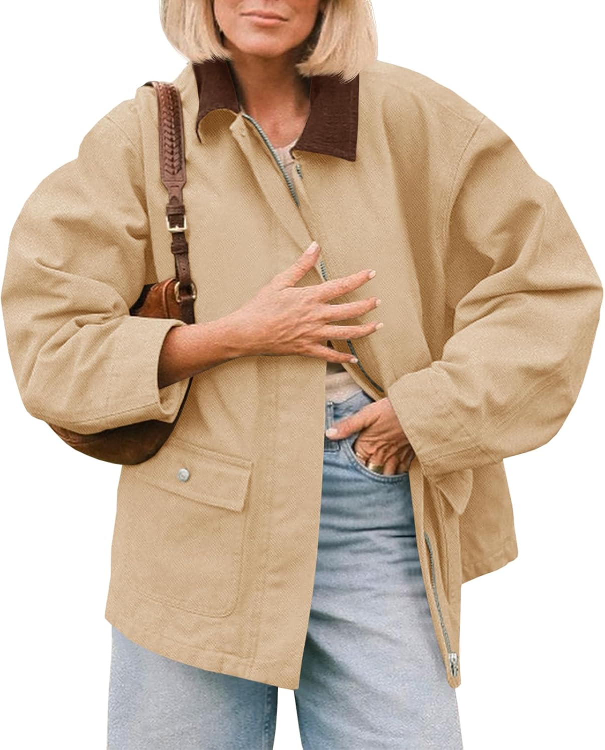 Tankaneo Womens Oversized Barn Jacket Zip Up Military Safari Jackets Fall Color Block Vintage Trench Coat with Pockets