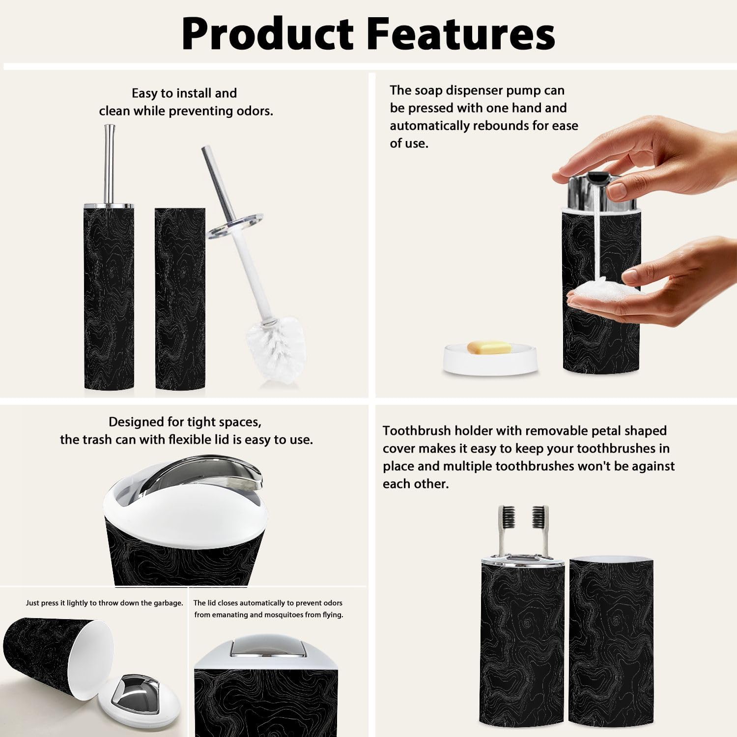 Bathroom Accessory Set 6PCS Light Topographic Contour map Cartography Trash can, Soap Dispenser, Toothbrush Holder, Toilet Brush & Holder, Soap Dish for Housewarming Gifts