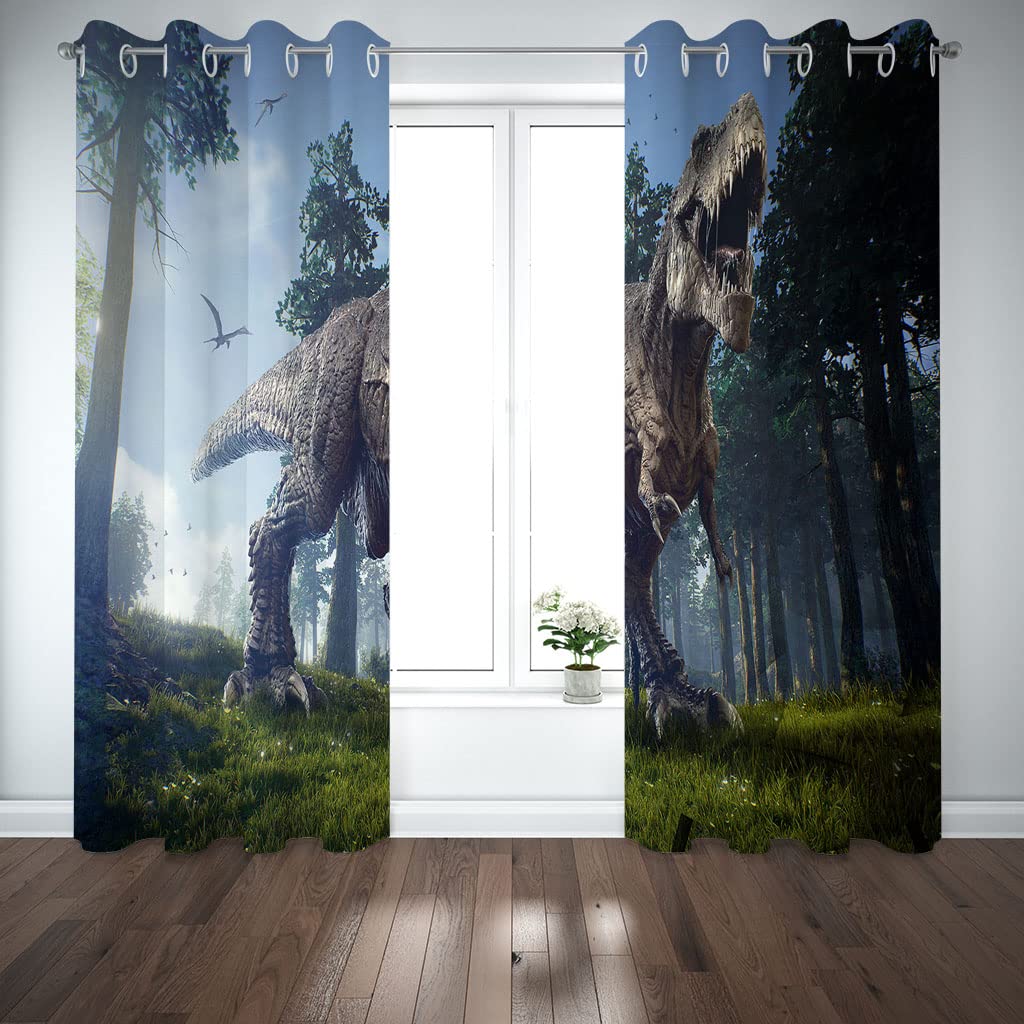 Rideaux Salon Voilage Occultant Thermiques 3D Imprimés Animaux Dinosaures Rideau Salon Design Moderne Chambre Enfant Bebe Fille 280x260Cm Polyester Fenetres Occultants Isolant Lot De 2
