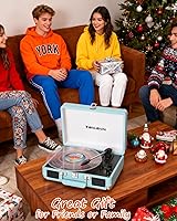 Vista 9 de Tocadiscos de maleta Bluetooth con altavoces integrados, control de graves y agudos, tocadiscos de 3 velocidades con parada automática, reproductor