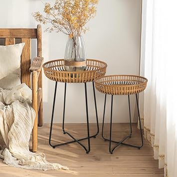 Rattan Side Table, Nesting Tables, Set of 2, Bamboo Coffee with Metal Base for Living Room, Sofa, Bedroom, Terrace 18.11&20.47