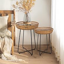 Oakrain Rattan Side Table, Nesting Tables, Set of 2, Bamboo Coffee with Metal Base for Living Room, Sofa, Bedroom, Terrace 18.11&20.47
