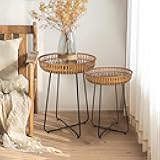 Oakrain Rattan Side Table, Nesting Tables, Set of 2, Bamboo Coffee with Metal Base for Living Room, Sofa, Bedroom, Terrace (18.11''&20.47'')