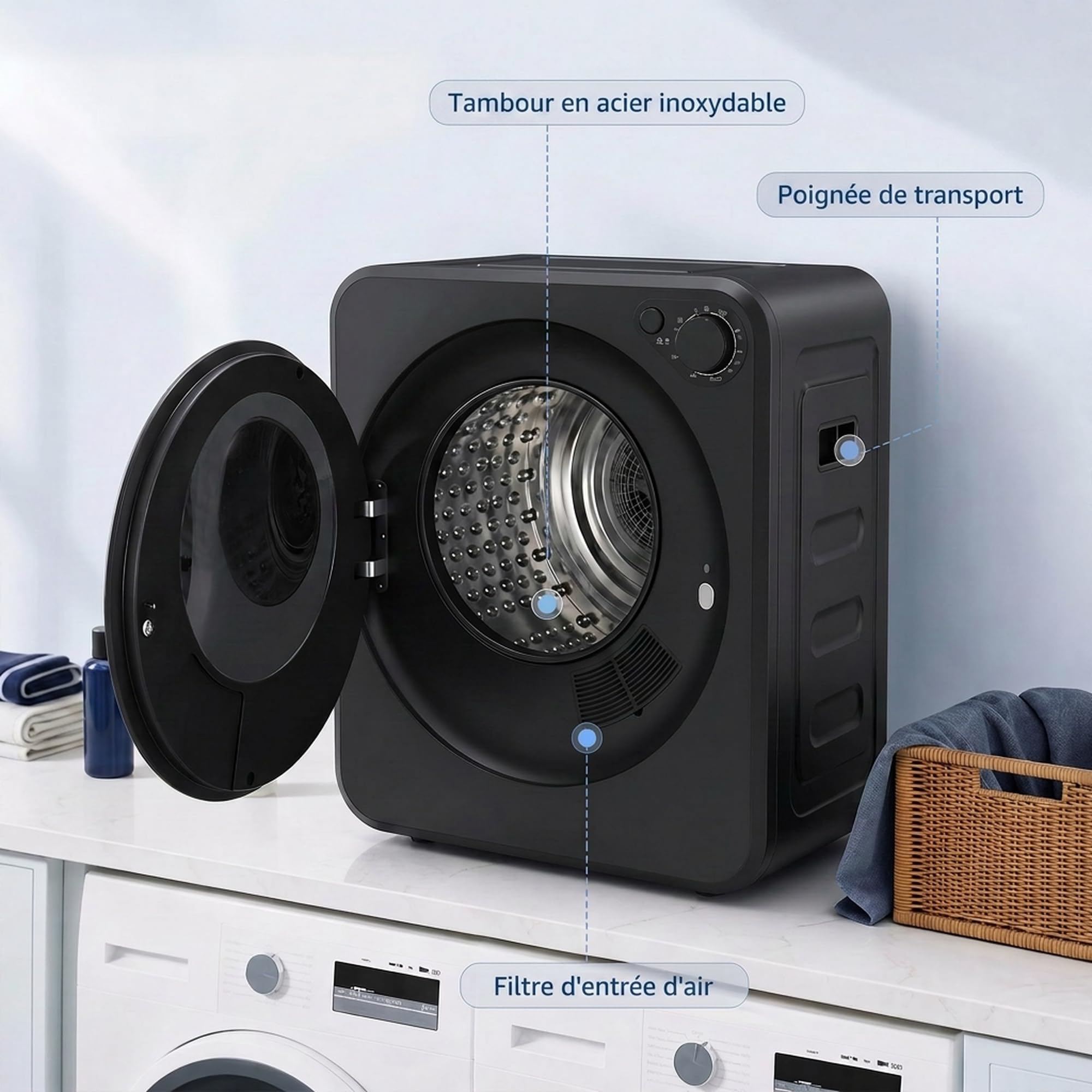 HOMCOM Secadora portátil de carga frontal, 4 kg de ropa húmeda/2,5 kg de capacidad de secado, 2 potencias 400 W/800 W, 240 V, compacta para piso, caravana y hogar, negra