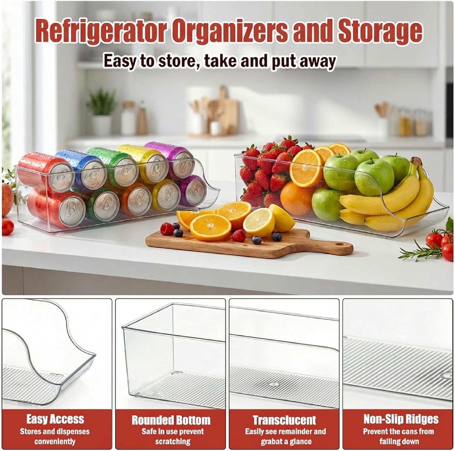 Soda Can Organizer for Refrigerator, Clear Drink Organizer for Fridge and Pantry - Double Layer Rolling Soda Dispenser for Pop Cans and Beverages (8PC)