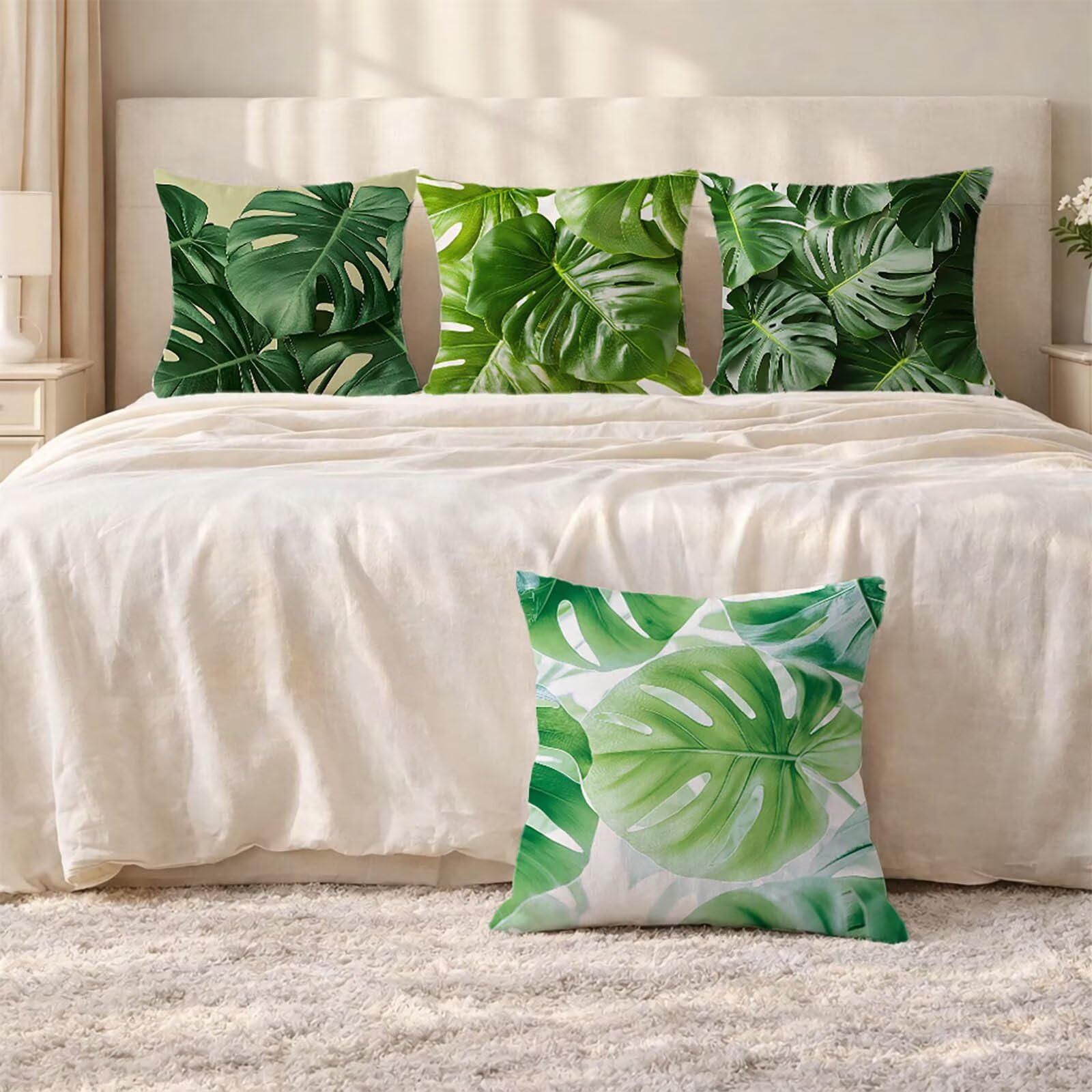 Kissenbezug 60 x 60 4 Pack, Deko Kissenhüllen Blatt, Outdoor Kissenbezug 60 x 60 CM, Sofakissen Bezug mit Beidseitiger Druck, Kopfkissenbezug Grün für Sofa Bett Frühlingsdeko Wohnzimmer GYL-04355