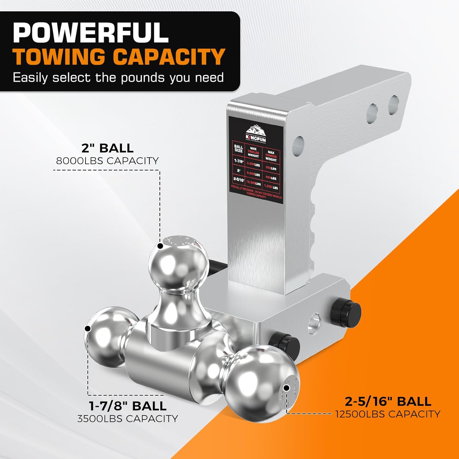 Kingfun Adjustable Trailer Hitch - Drop Hitch Fits 2 Inch Receiver, Tri Ball (1-7/8", 2", 2-5/16") 6 Inch Drop/Rise, 12500 LBS GTW Aluminum Heavy Duty Tow Hitch with Anti-Theft Pin - (Silver)