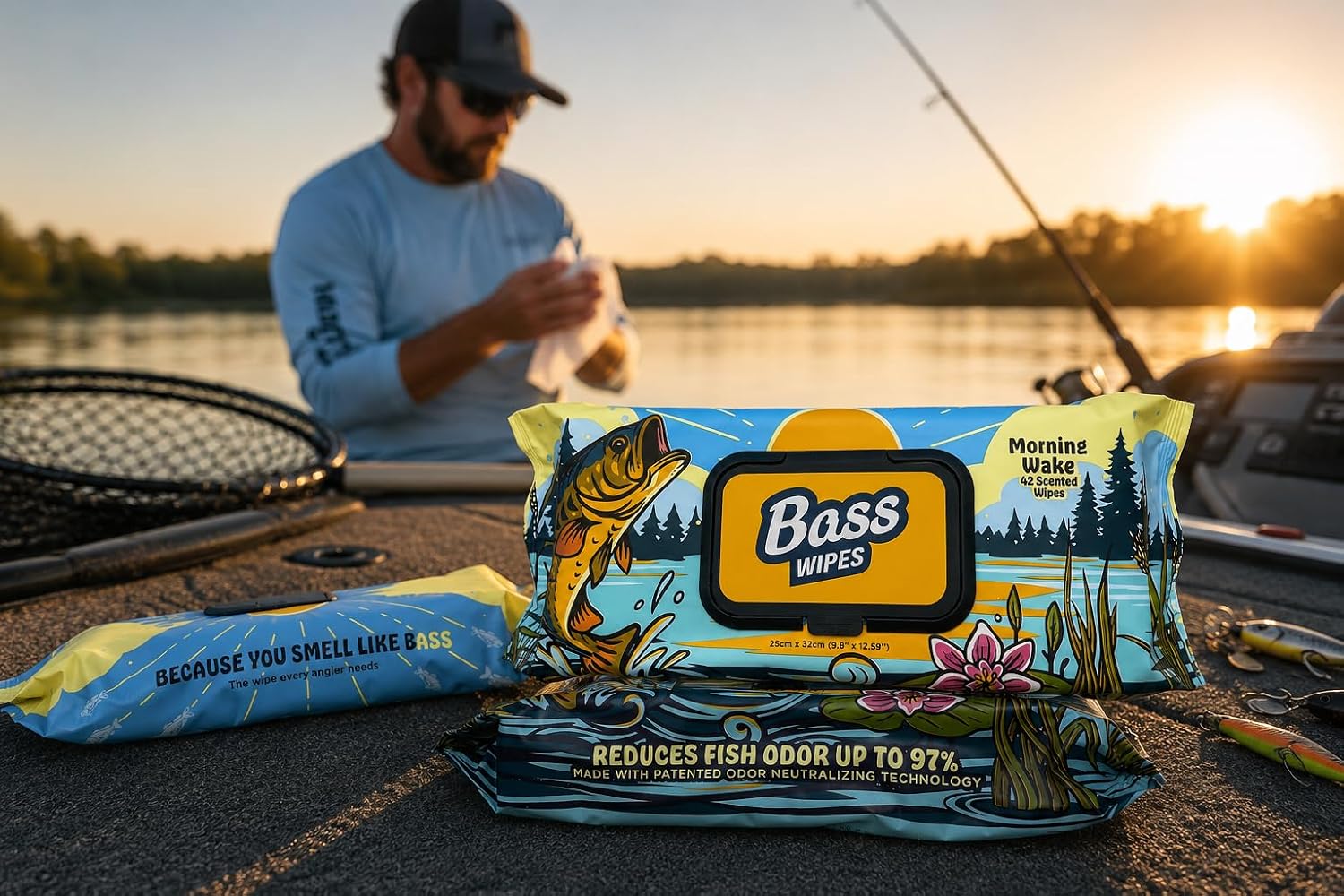 Fishing Wipes, Morning Wake Scent, 42 Count | Reduces Fish Odor 97%, Extra Large 25x32cm, Resealable Portable Pack, Strong & Durable, Veteran Owned