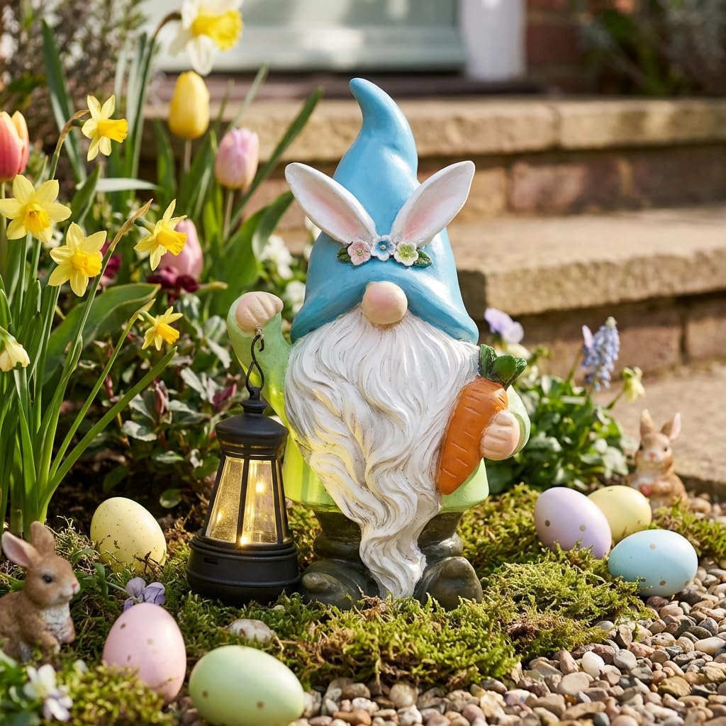 TERESA'S COLLECTIONS Easter Bunny Gnome Decorations with Solar Outdoor Light for Garden Decor, Spring Resin for Outside, Decorations for Patio Home Yard, Ideal Easter Gifts 8"