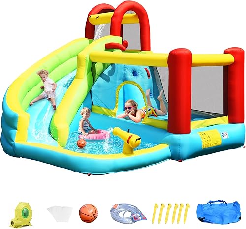 OLAKIDS Tobogán acuático inflable, casa de rebote 6 en 1 con tobogán de pared de escalada para piscina, borde de baloncesto, pistola de agua, parque