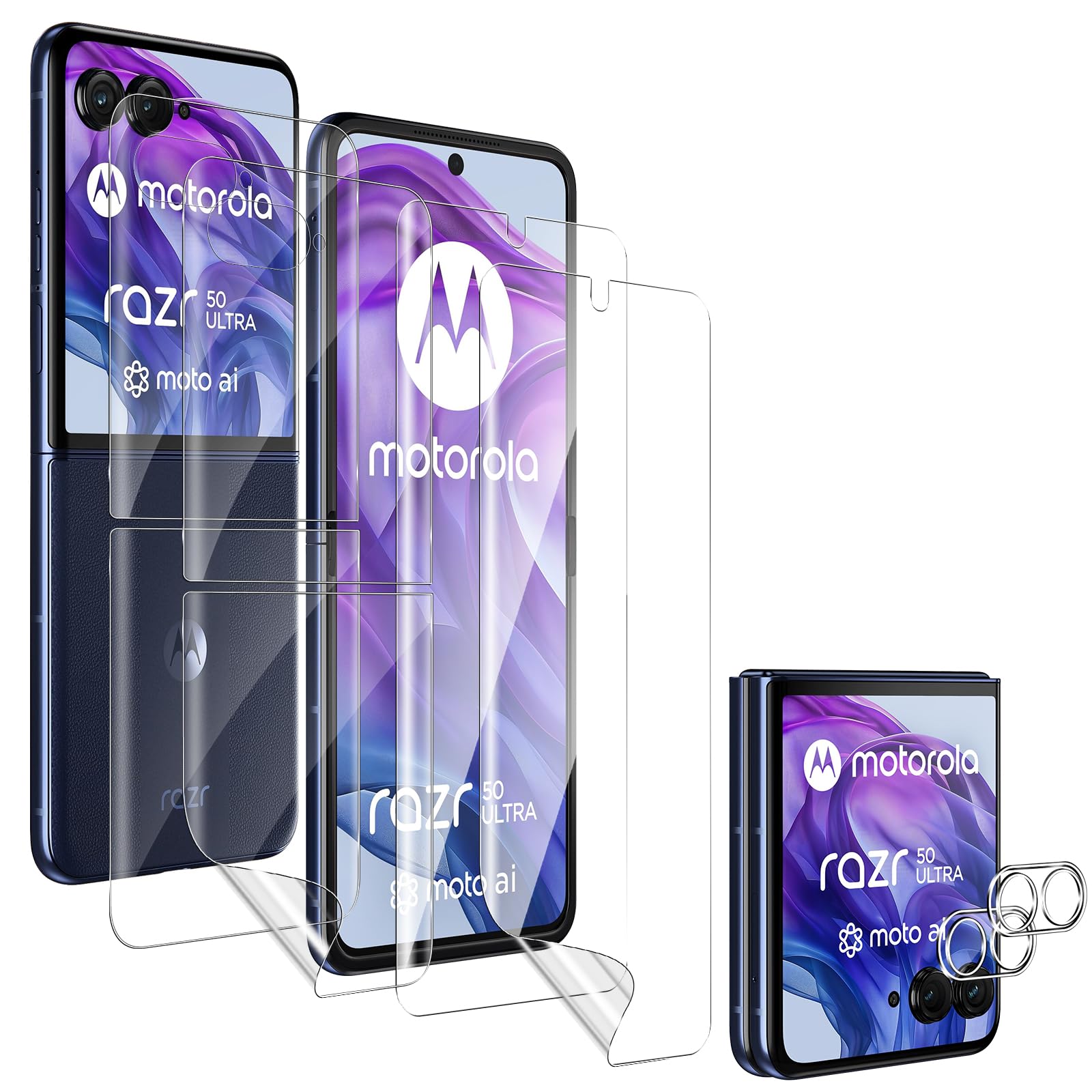 [2Set 6PCS] Motorola Razr 50 Ultra Screen Protector, 2 TPU Films + 2 Back Screen TPU Films + 2 Camera Lens Protecters, High Clarity, Anti-Scratch, Bubble Free, for Motorola Razr 50 Ultra