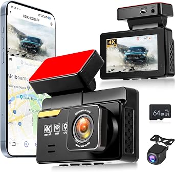 NHOPEEW 4K Dual Dash Camera for Cars with WiFi & APP Control - 3Inch Screen Dash Cam Front and Rear - 150 Wide Angle/GPS/G-Sensor/Loop Recording/Night Vision/ADAS/Split Screen + 64GB Card