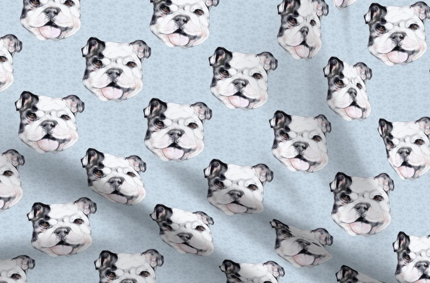 Spoonflower Fabric - Happy Bulldog Blue Hearts Puppy English Dog Printed on Upholstery Velvet Fabric Fat Quarter - Upholstery Home Decor Bottomweight Apparel