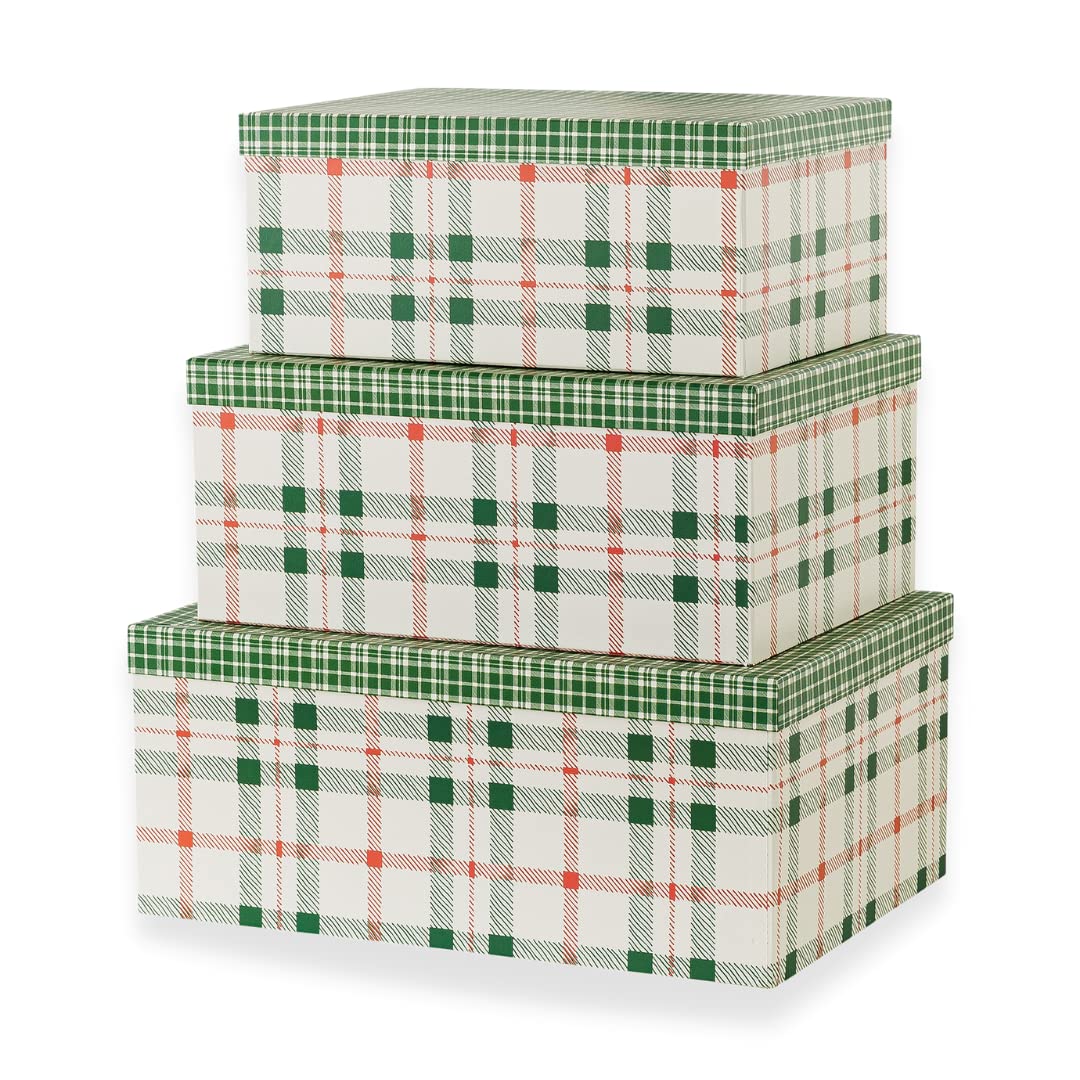 Soul & Lane Plaid Christmas Gift Box - Set of 3: Holiday Decor Storage Box, Decorative Photo Storage, Keepsake Boxes with Lids, Nesting Cardboard Containers for Presents, Seasonal Décor Bins