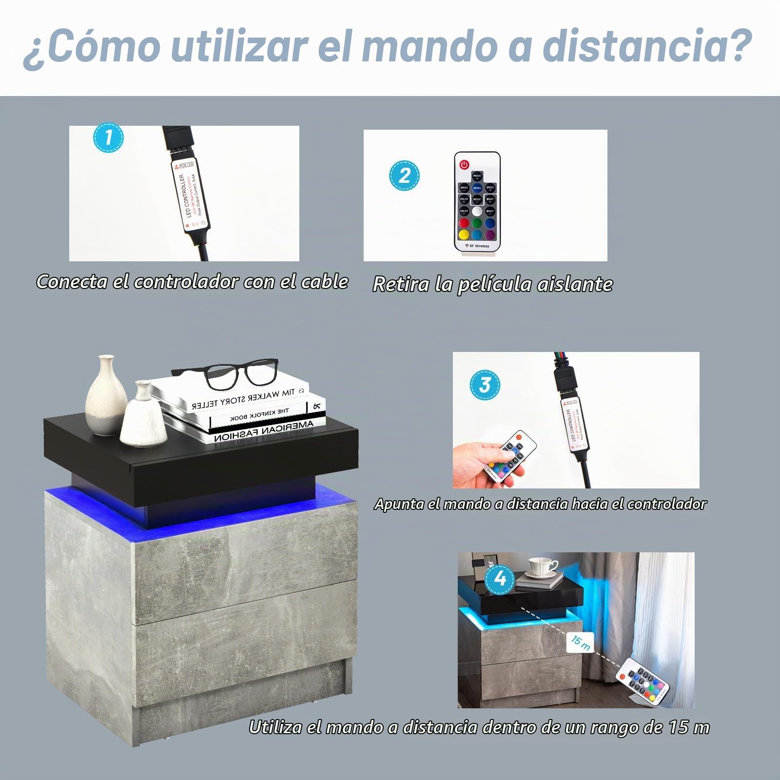 LIFEZEAL Mesilla de Noche LED con 2 cajones y 20 Colores