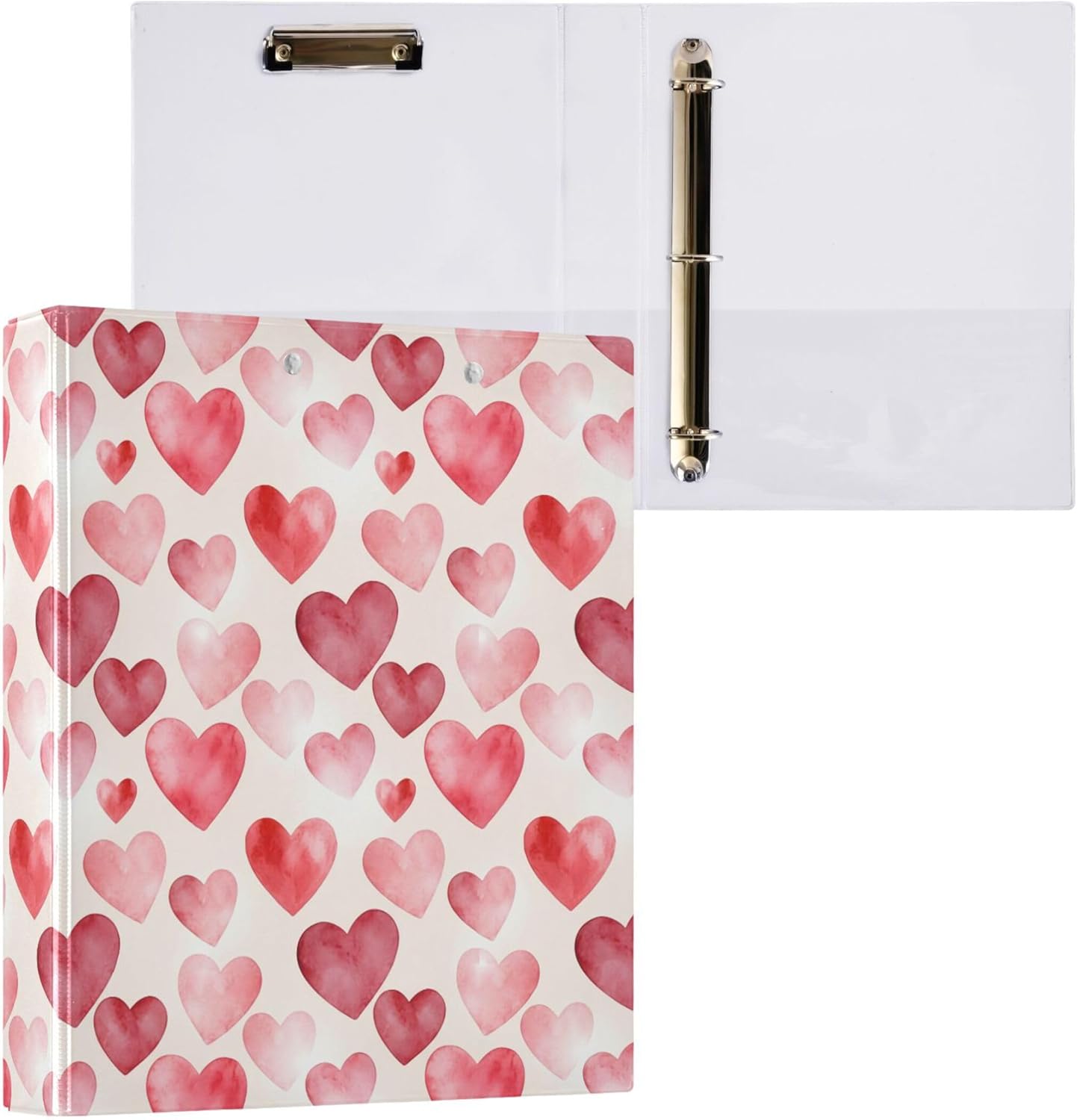 Valentine's Day Colorful Heart 3 Ring Binders, 1.5” Round Ring Binders with Clipboard - Letter Size, 3 Interior PVC Clear Pockets & Anti-Slip Clip for Office School Supplies, 2PCS