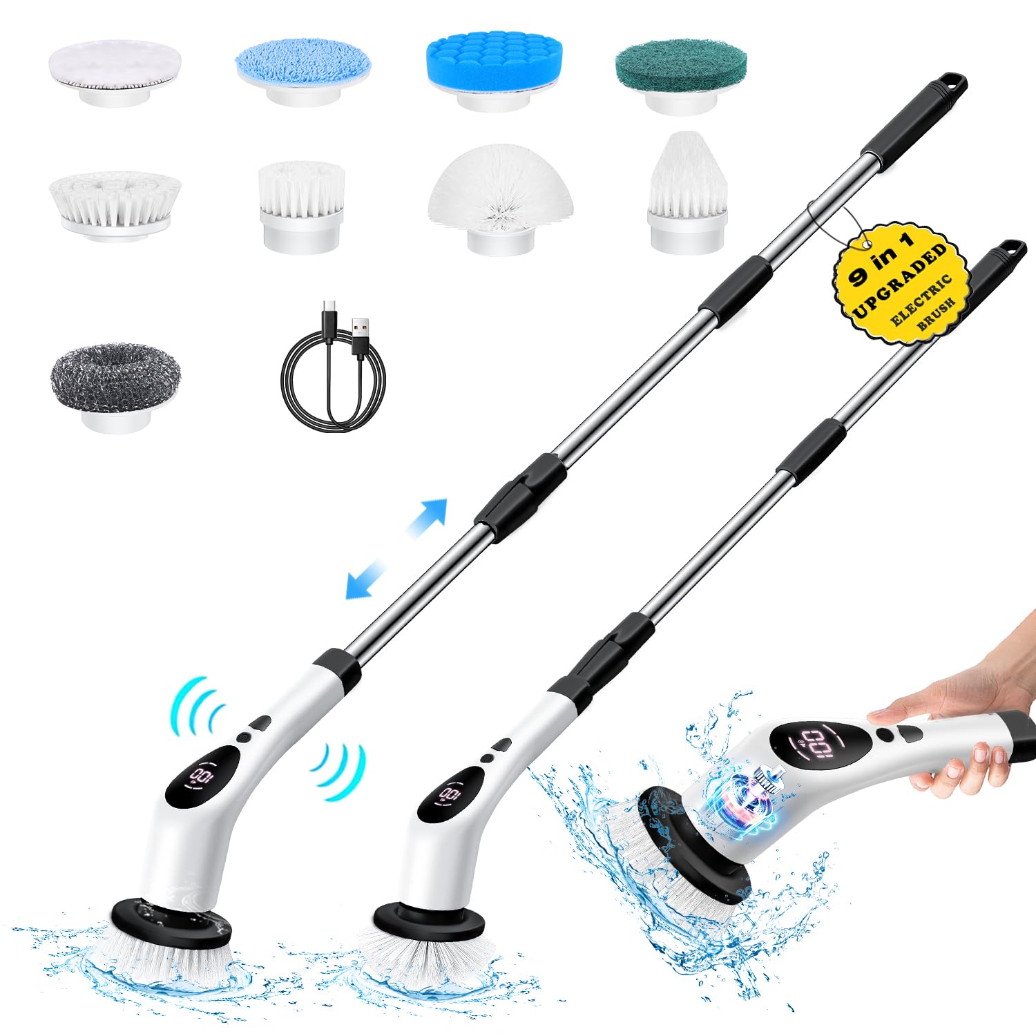 Electric Spin Scrubber, New Upgraded Voice Prompt Cordless Cleaning Brush with 9 Replaceable Brush Heads,3 Adjustable Speeds,Adjustable Extension Long Handle for Bathroom Bathtub Floor Tile