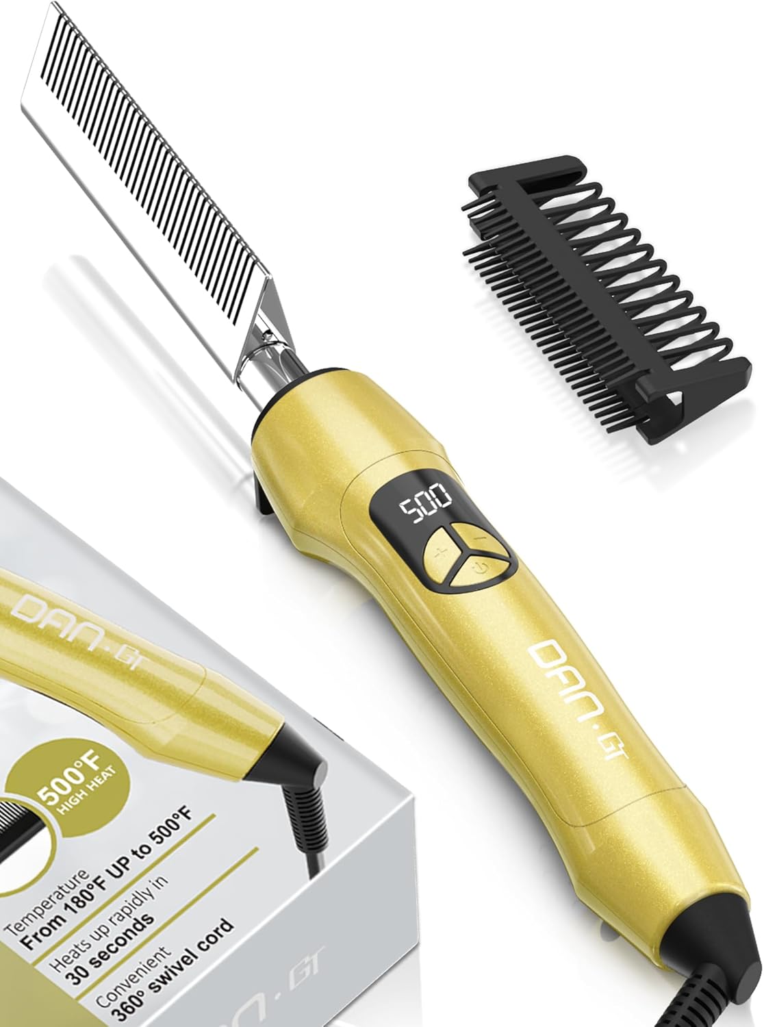 Titanium Electric Hot Comb for Wigs & Black Women Hair, Anti-Scald Straightening Comb with 18 Heat Settings 180°F–500°F for Fast Heating Straightening, Gold