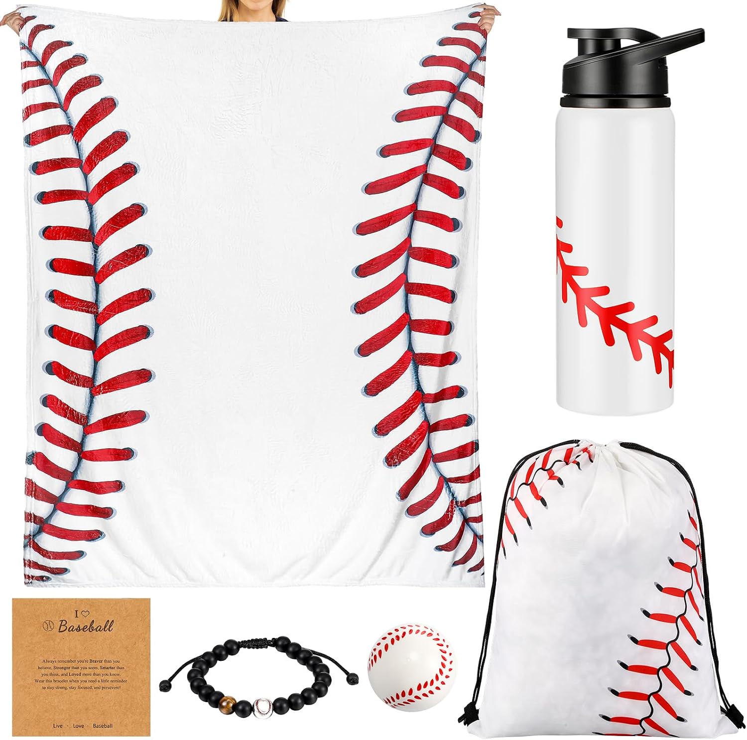 Baderke 5 Pcs Baseball Gifts Set Include 50 x 60 Soft Throw Blanket 20 oz Water Bottles White Baseball Drawstring Bag Gifts Bracelet for Boy Men Party Favors
