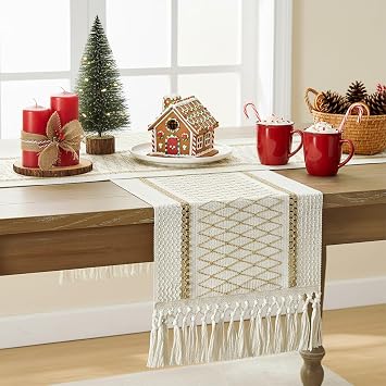 Hibate Brown Boho Table Runner for Home Decor Macrame Farmhouse Rustic Table Decoration for Living Room Bridal Shower Wedding Dinner Party Christmas New Years 12" x 108"