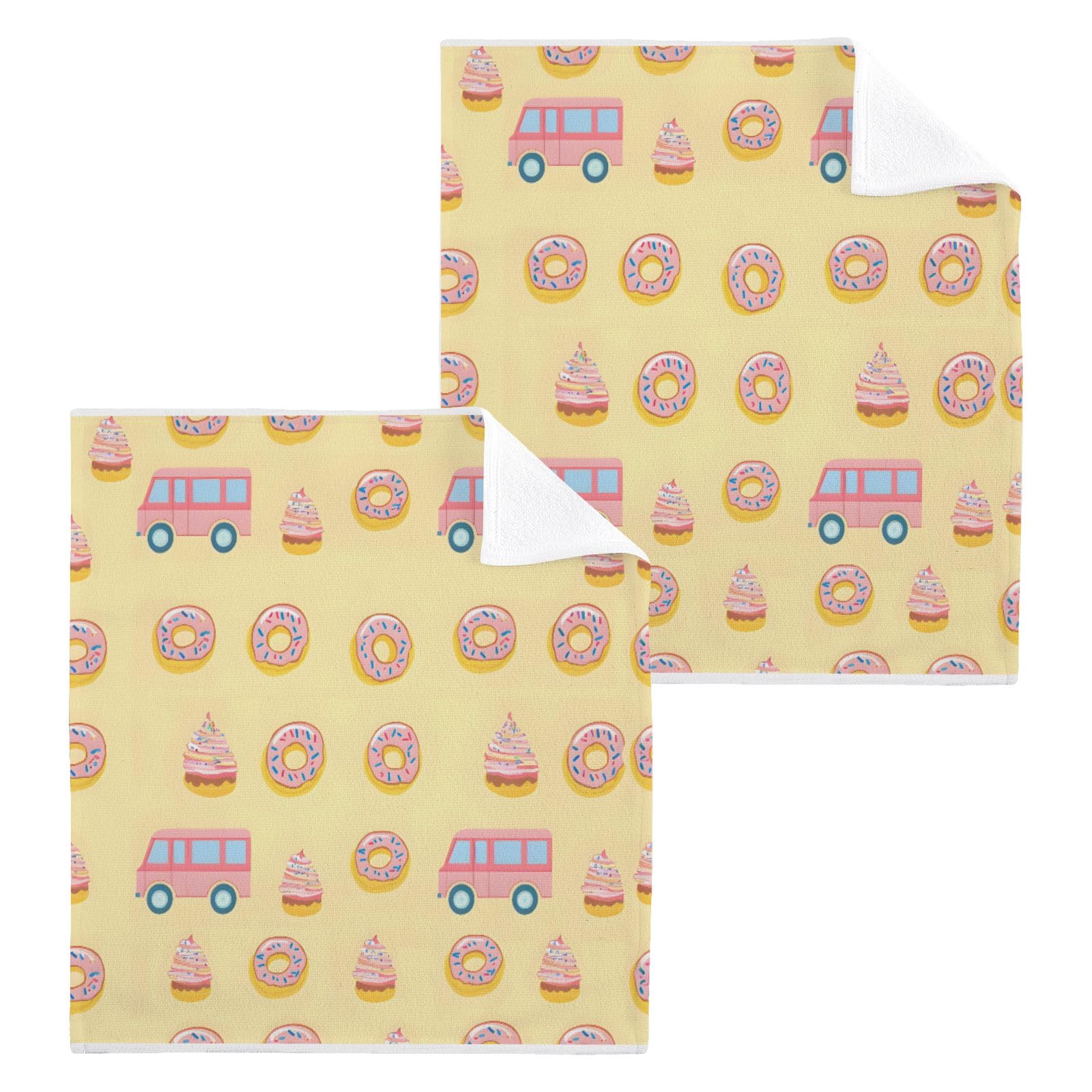 ALAZA Wash Cloth Set 100% Cotton Fingertip Towels Face Cloths Sets Donut Dessert Cart Highly Absorbent Soft Feel Set of 2