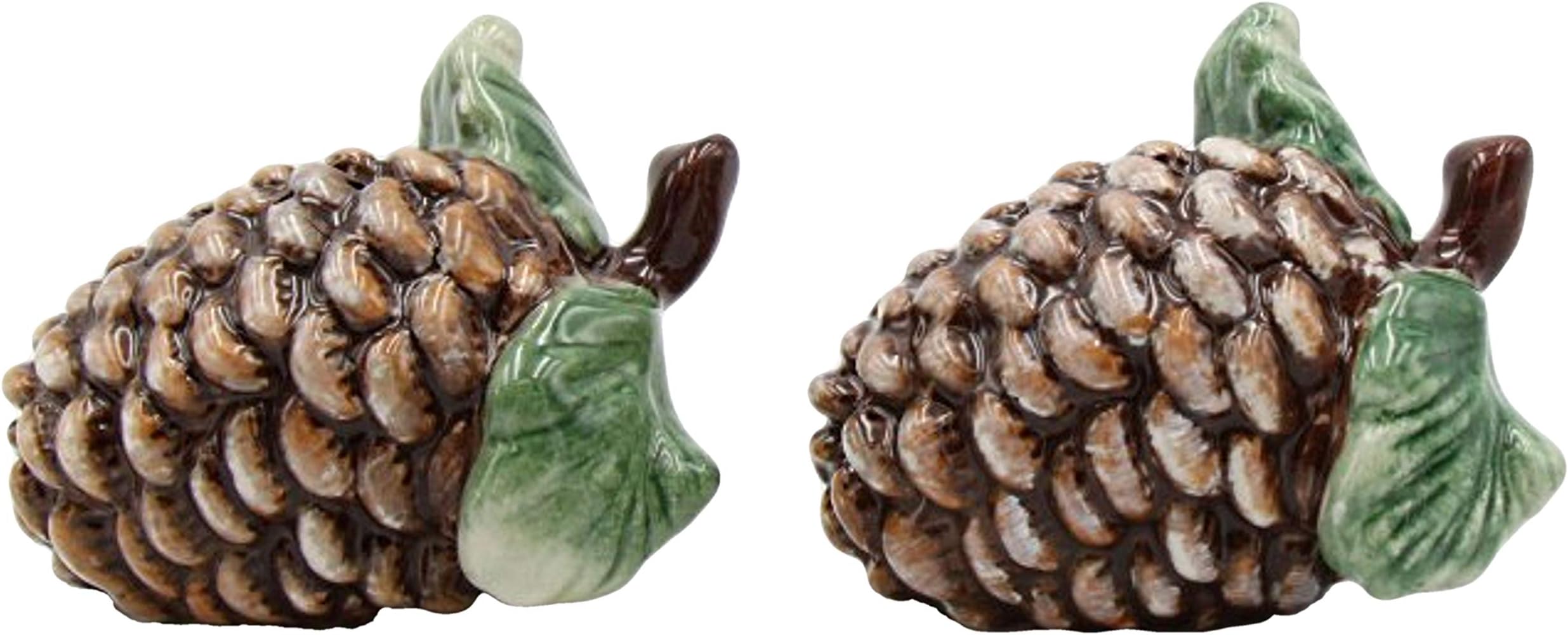 A Pair of Pine Cones with Stem and Leaves Salt and Pepper Shakers