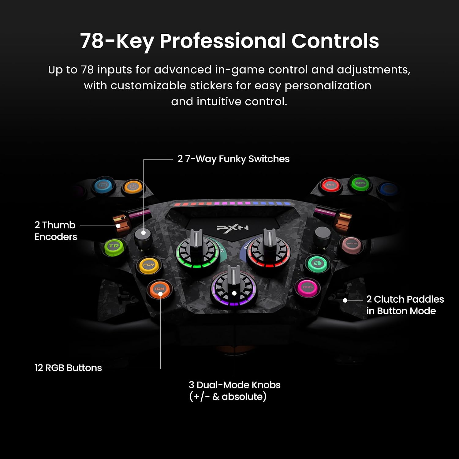 PXN GT ONE Sim Racing Wheel for PC, 11.8-inch GT Steering Wheel | 78 Programmable Inputs, RGB Light, Carbon Fiber Paddle Shifters, Quick Release, for PXN VD Series & Third-Party Bases