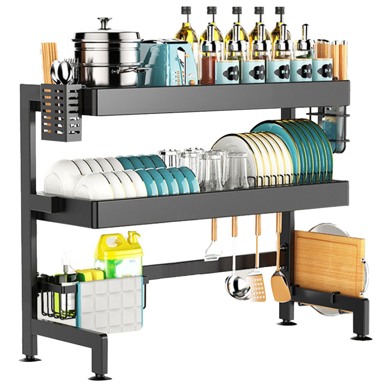 Escurridor de platos, escurridor de 3 niveles sobre fregadero con soporte para utensilios, organizador de almacenamiento de cocina para ahorrar espacio, estante negro para encimera
