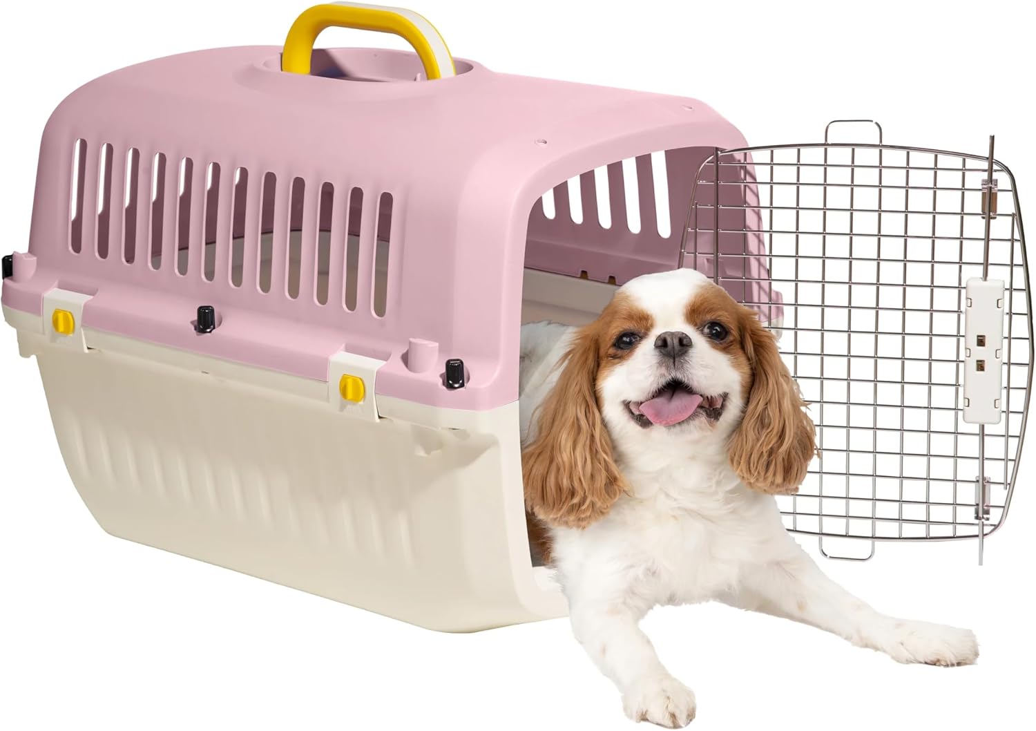 24" Plastic Travel Pet Kennel with Clip-On Bowl, Pink – Portable Pet Carrier for Small Dogs & Cats, Heavy Duty Secure Locking, Ventilated, Easy Clean, for Car Travel, Indoor Use
