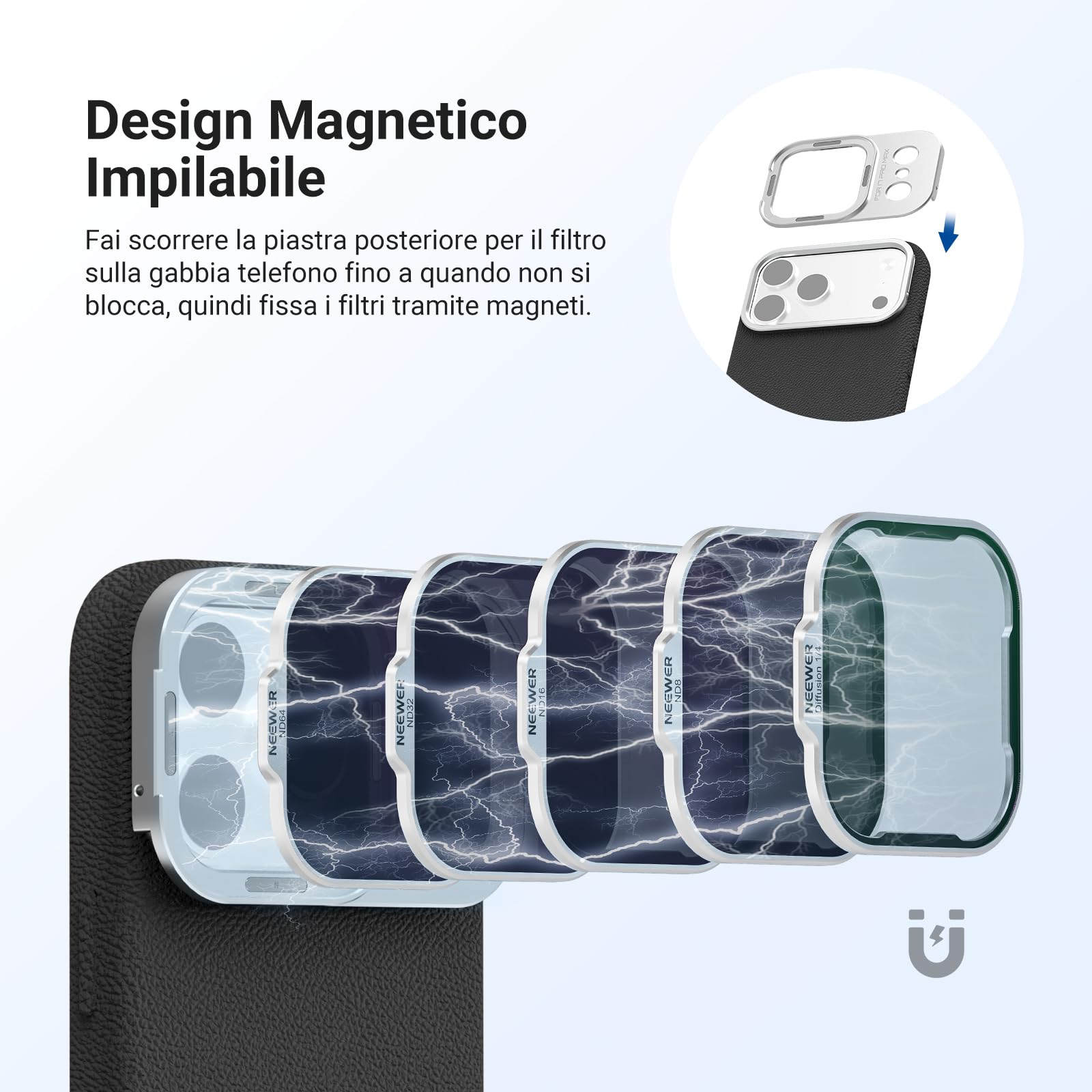 NEEWER Set Filtro ND Solo Compatibile con iPhone 17 Pro Max Case PA134 | Densità Neutra ND8/16/32/64 + Black Diffusion 1/4 Filtro Per Effetto Mist Cinematic + Backplate Magnetica, Argento