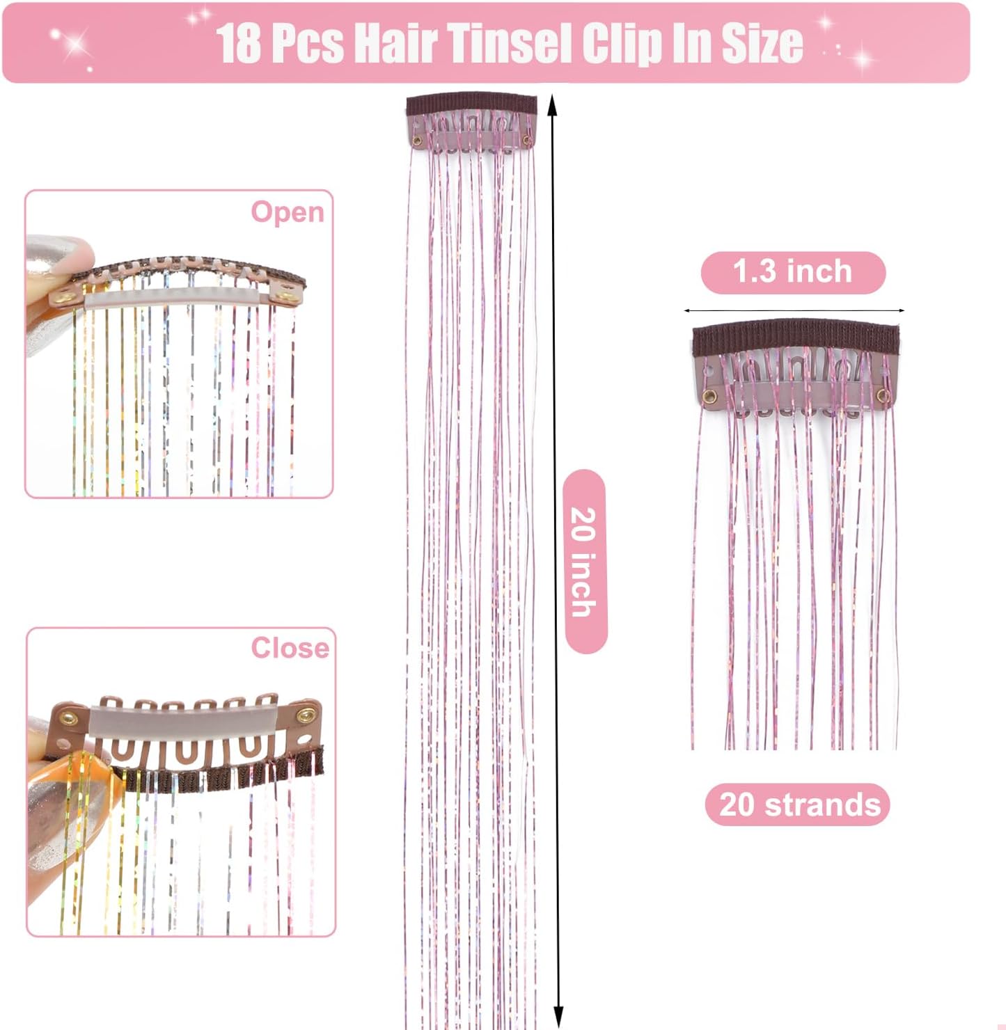 ヘアティンセルクリップ 18個パック 20インチ クリップインヘア ティンセル ピンク グリッター ティンセル ヘアー エクステンシ