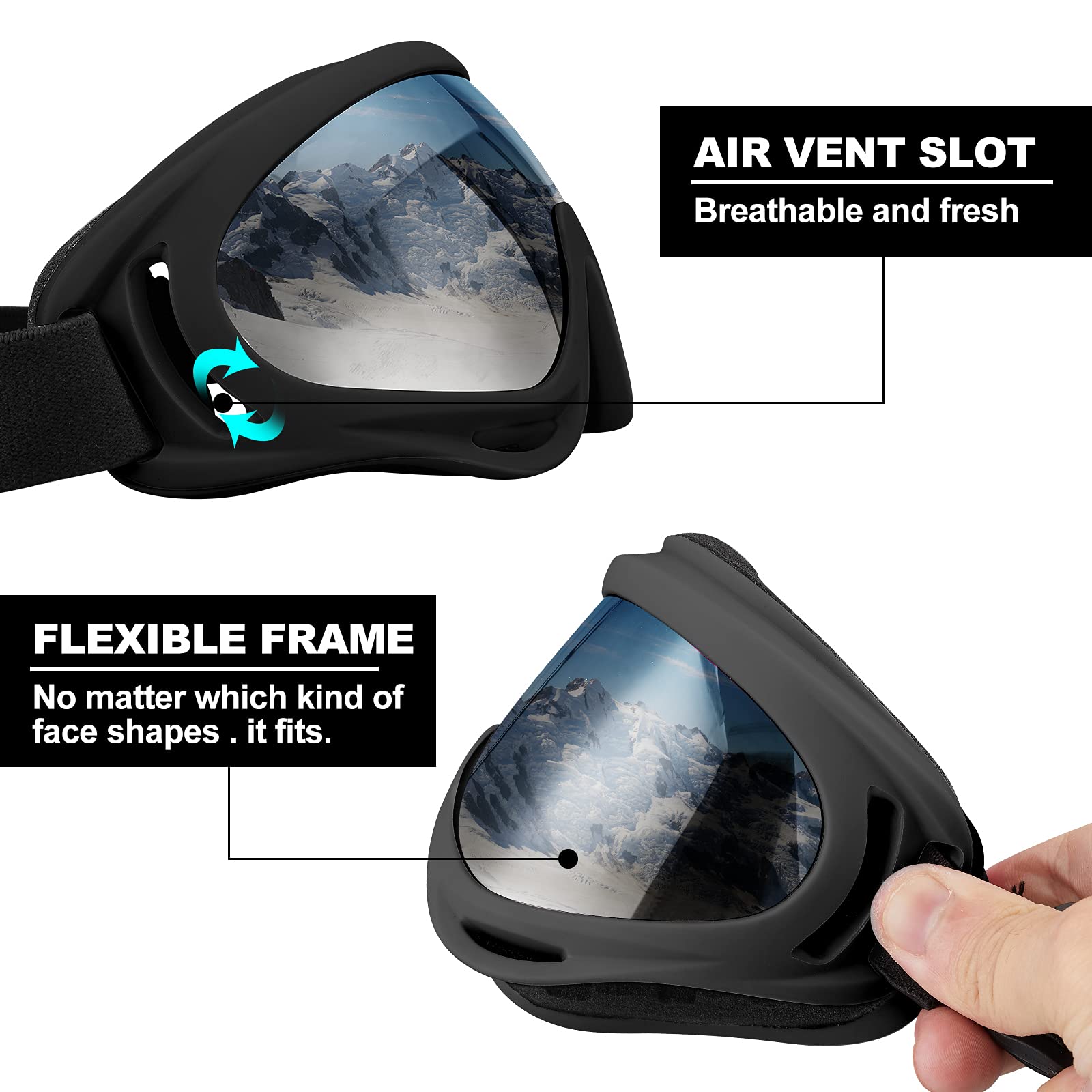 Lot de 3 lunettes de ski, de moto, de snowboard pour homme, femme, adulte et jeune