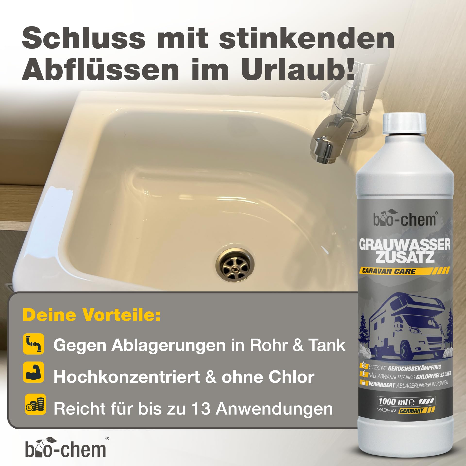 bio-chem Camping Hygiene Zusätze Set 3-teilig | Mit Sanitärflüssigkeit 1L, Frischwassertank-Reiniger 1L und Grauwassertank-Zusatz 1L | Campingtoiletten-Zusätze
