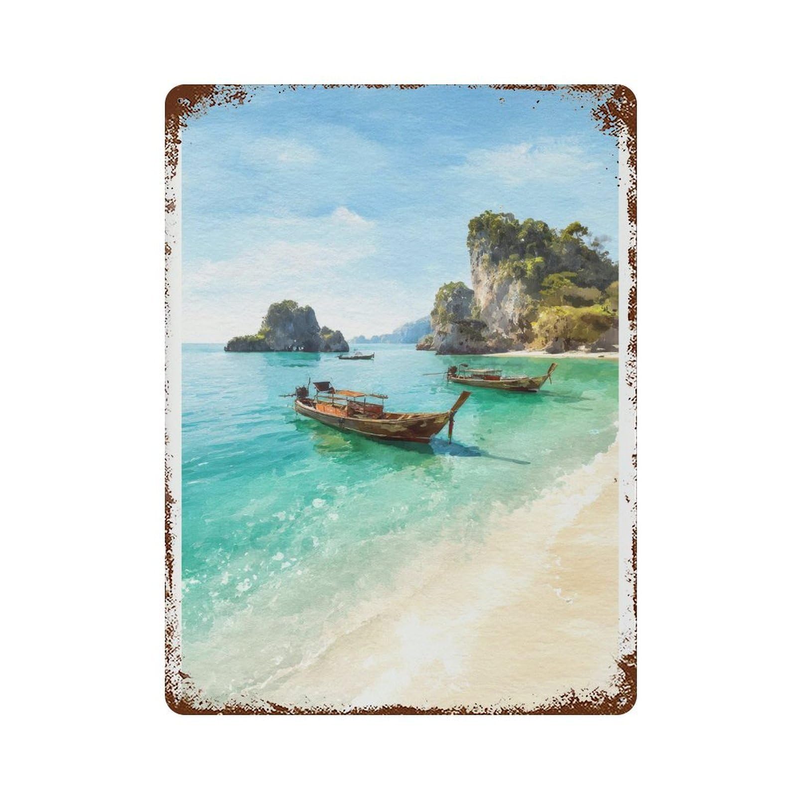 xiaoxiaoshen Koh Lanta Thailand Watercolor Travel Tropical Beach Longtail Boats Wall Decor Art Metal Tin Poster Modern Home Decor Art Home Bar Shop Decorations Vintage Sign 40x30cm