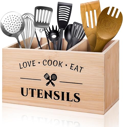 MINCORD Soporte para utensilios de bambú con 3 compartimentos para encimera de cocina, organizador de cubiertos rústico, caja de almacenamiento de